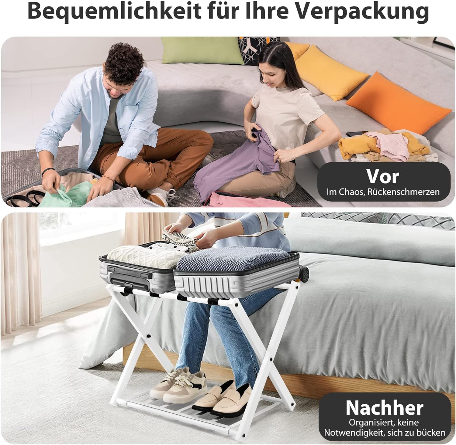 GOPLUS Kofferständer klappbar, Gepäckablage aus Metall bis 60kg belastbar, Kofferablage mit darunter liegendem Schuhregal, Kofferhocker für Hotel & Zuhause, 64x43x58 cm (Weiß-1 Stück)