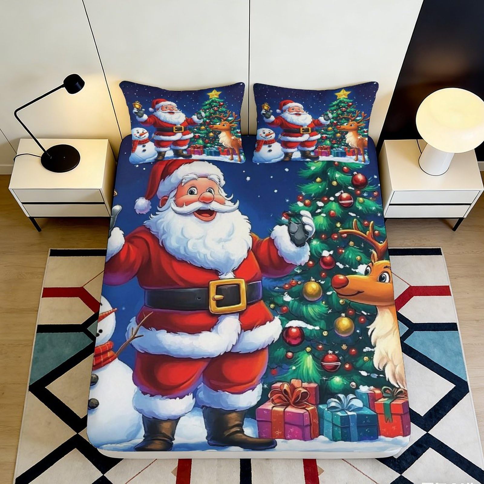 3D Printed Christmas Santa Fitted Sheet Microfiber Soft Durable Snowman Bed Cover for Bedroom Dormitory Guest Room Mattress Protection Decoration 160x200x25cm