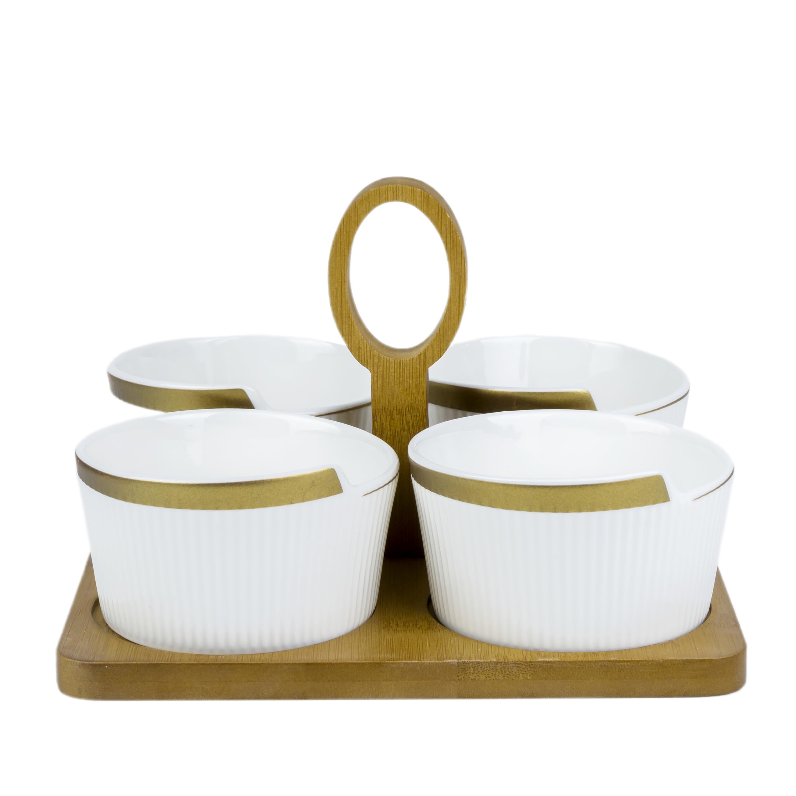 Bone China Shallow Porcelain New Verde 4-Compartment Serving Set with Bamboo Tray - Elegant Culinary Presentation