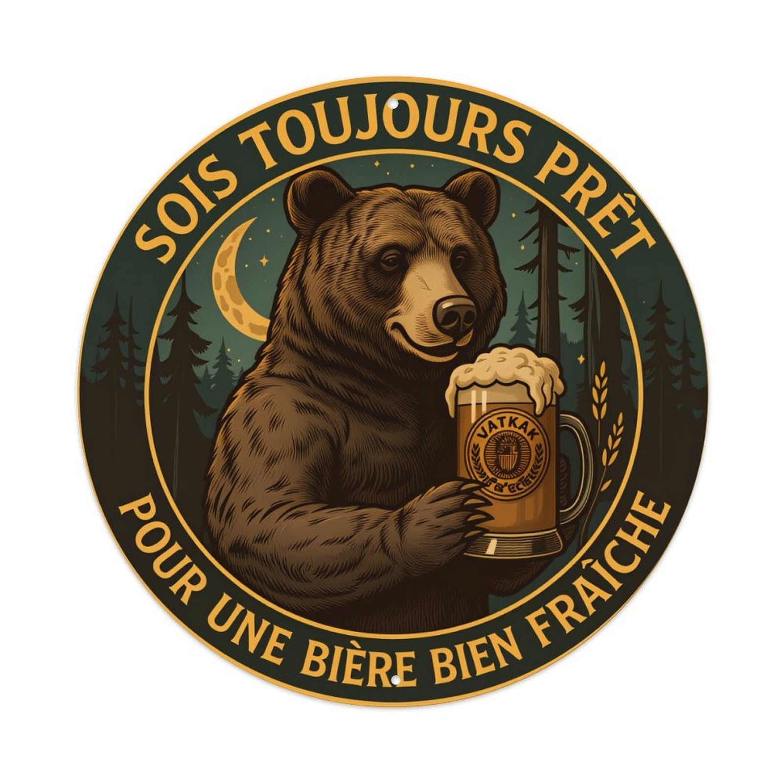 Bear Holding Beer Mug Forest Night Vintage Metal Tin Sign Retro Wall Decor for Home Bar Garage Cafe, Indoor & Outdoor Decorative，circle Metal Poster, 8x8 Inch