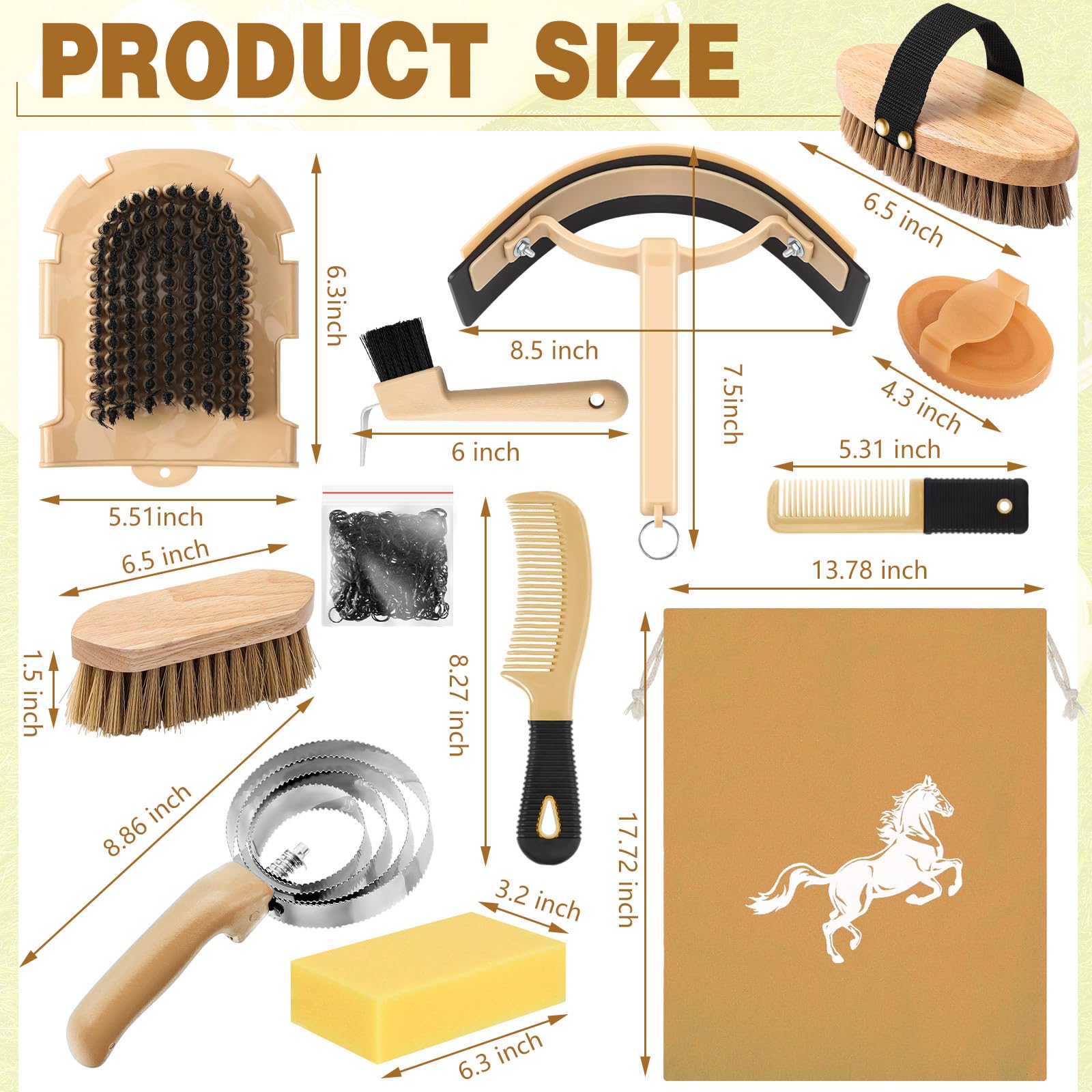 Abbylike 12 Pieces Horse Grooming Kit Racing Festival Tack Room Supplies Horse Brush Sets Equine Care Cleaning Kit Shedding Grooming Massaging Tools(Khaki) - image 2