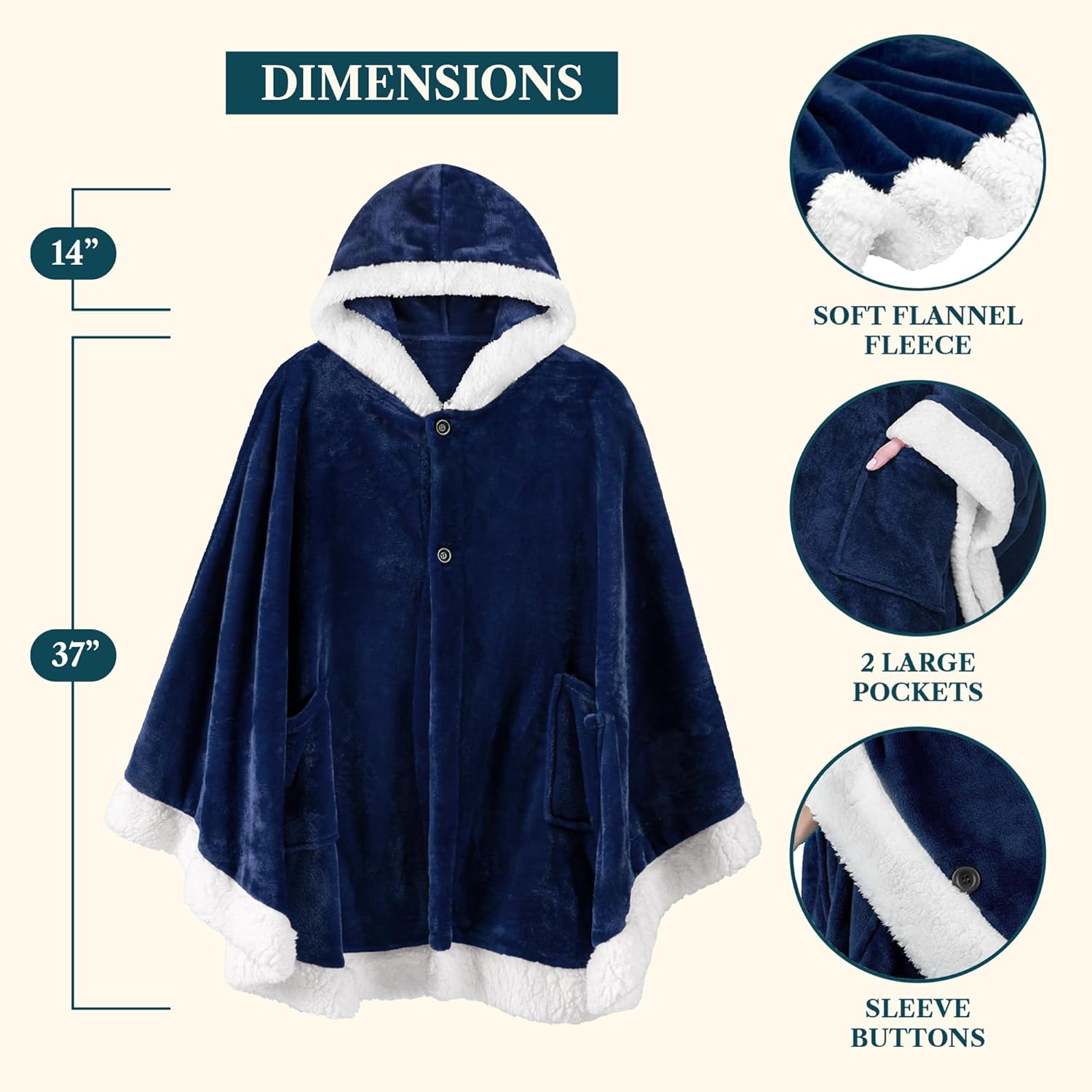 PAVILIA Wearable Blanket for Adult Women, Cozy Plush Fleece Blanket Poncho Cape with Hood, Super Soft Shawl, Angel Wrap Throw for Office, Navy Blue - Image 3