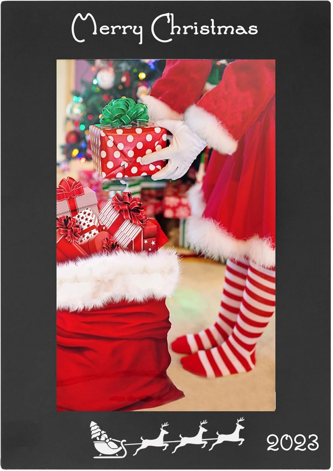 CustomGiftsNow Merry Christmas - 2023 2024 2025 - Custom Year - Engraved Anodized Aluminum Hanging/Tabletop Personlized Group Pic Portrait Family Santa Photo Picture Frame 5x7 Vertical, Black