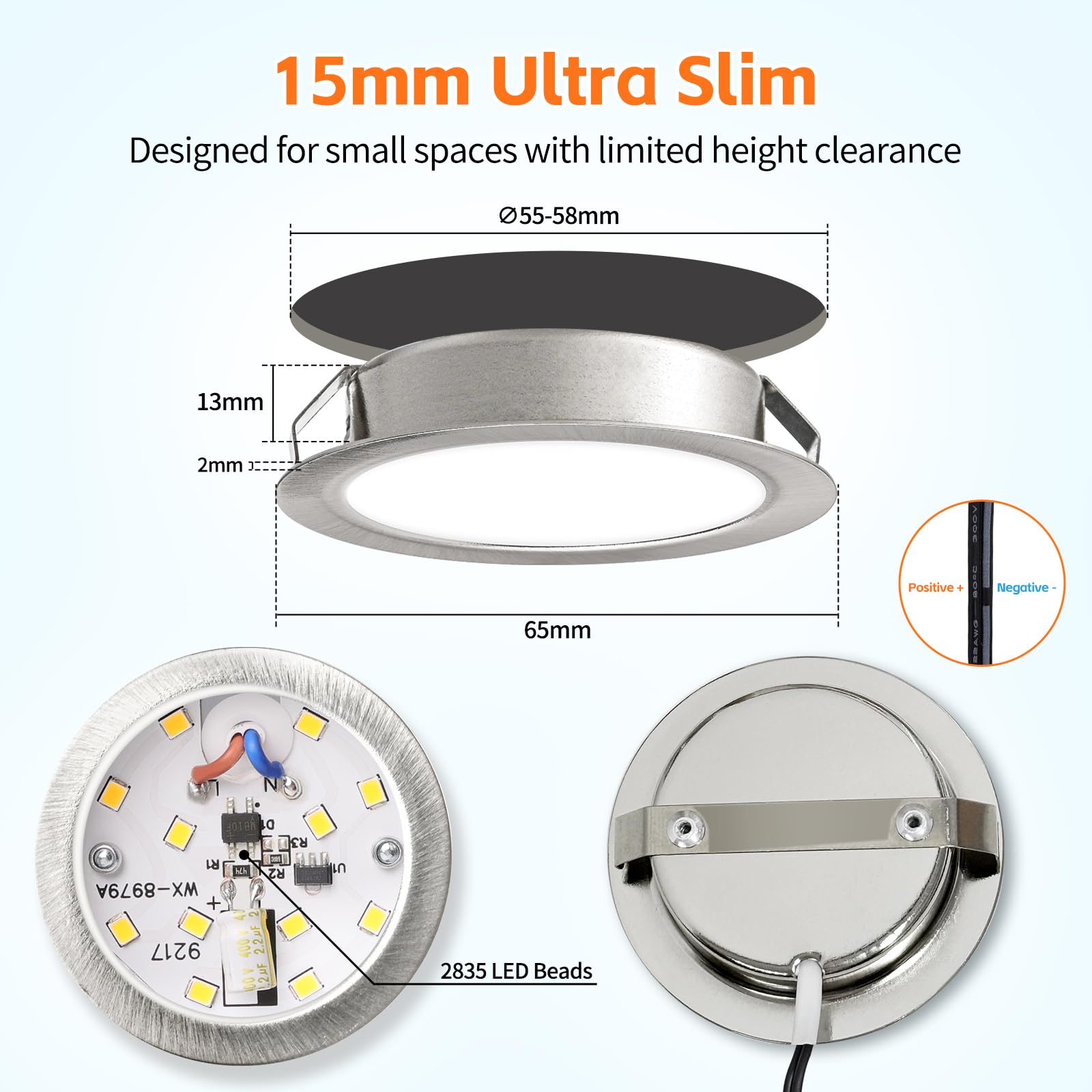 YindaLux LED Recessed Spotlights 12V 3000K Warm White IP44 LED Spot Dimmable 3W Recessed Lights 55-58mm Hole Size Downlight for Caravans Kitchens - Image 2