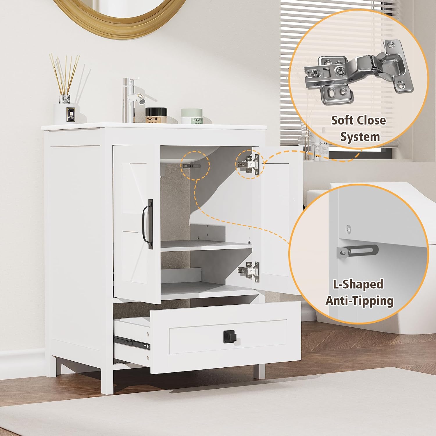 24 inch Bathroom Vanity with Ceramic Sink, Wood Vanity with Hidden Storage Space, Bathroom Sink and Cabinet Combo Set, Vanity Sinks for Bathrooms (Vintage White, 24 inch, with Sink)