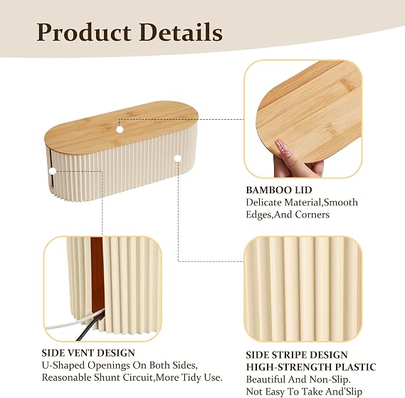 Cable Tidy Box, Dustproof Cables Organised Box with Bamboo Lid Cable Management Box Wire Storage 33x13x11cm for Office Home TV Hiding Power Strips