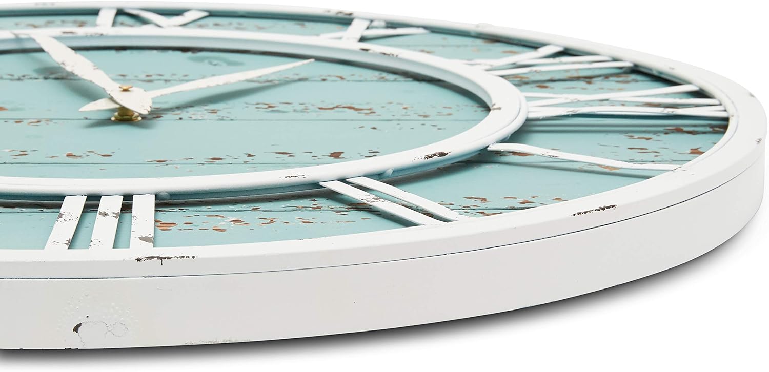 Coastal Shiplap Wall Clock - 24 Inch - White Metal Frame - Roman Numerals - Beach Kitchen - Colorful Decorative Clock - Rustic - Silent Ticking - Wooden Nautical Home