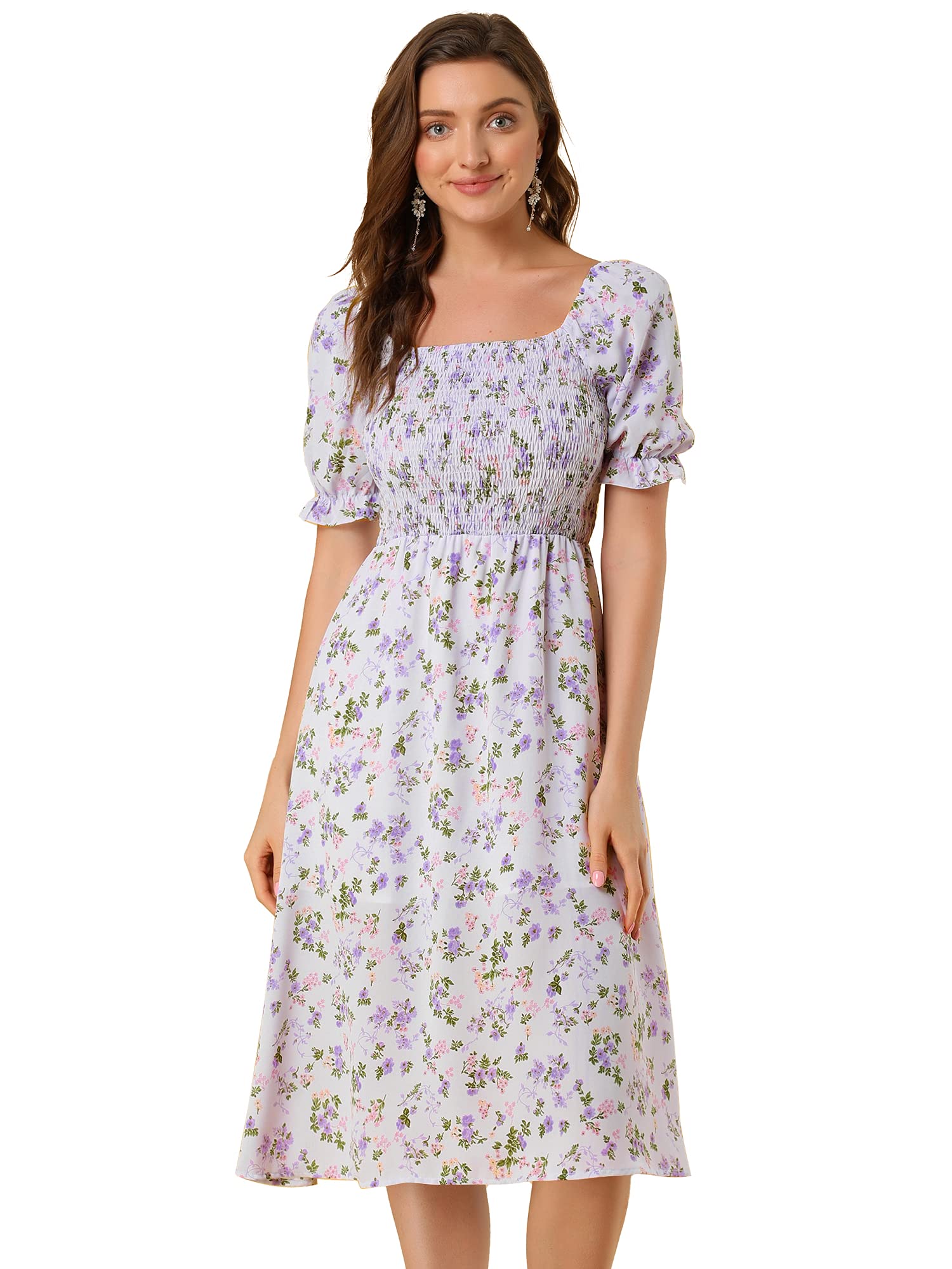 Allegra K Women's Cottagecore Floral Dress Puff Sleeves Smocked Midi Dresses