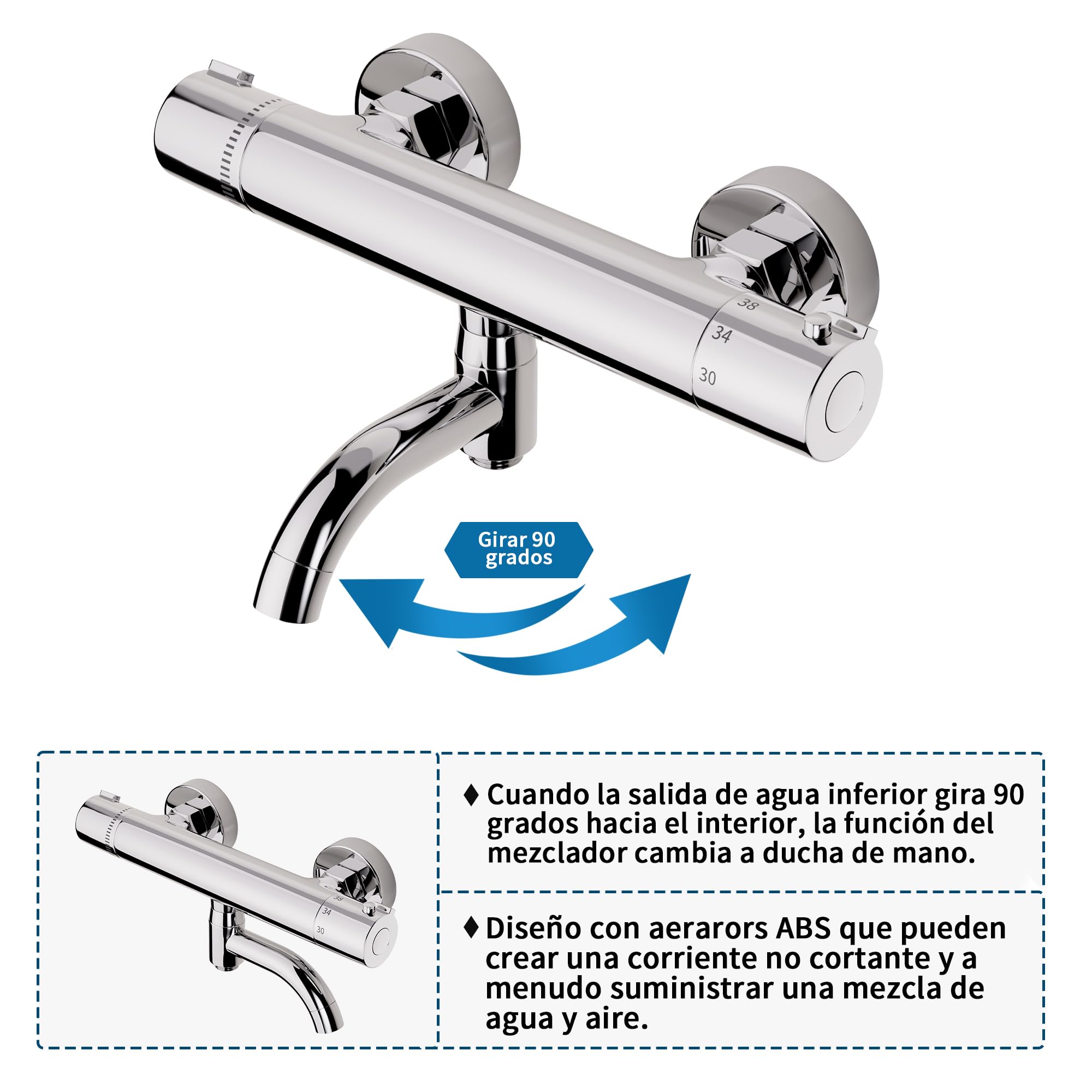 MORADO Mezclador de ducha termostático, grifo de ducha termostático, válvula de mezcla de agua con control de temperatura, latón, acabado cromado, montado en la pared