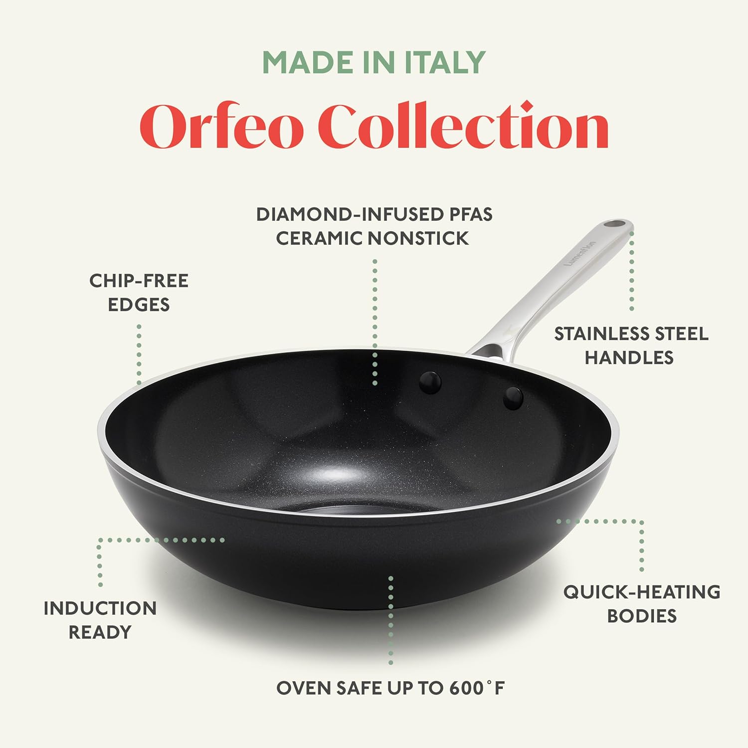 Orfeo 11” Nonstick Wok Pan, Made in Italy, Diamond Ceramic PFAS-Free Cookware, Induction Ready, Scratch Resistant, Laser-Fused Surface for Durability, Dishwasher Safe, Black
