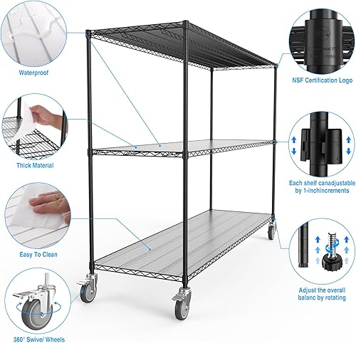 Miniatura 4 de Estantería de alambre NSF de 3 niveles, 24 x 72 x 62 pulgadas, 3000 libras de capacidad, estante de almacenamiento ajustable resistente con ruedas