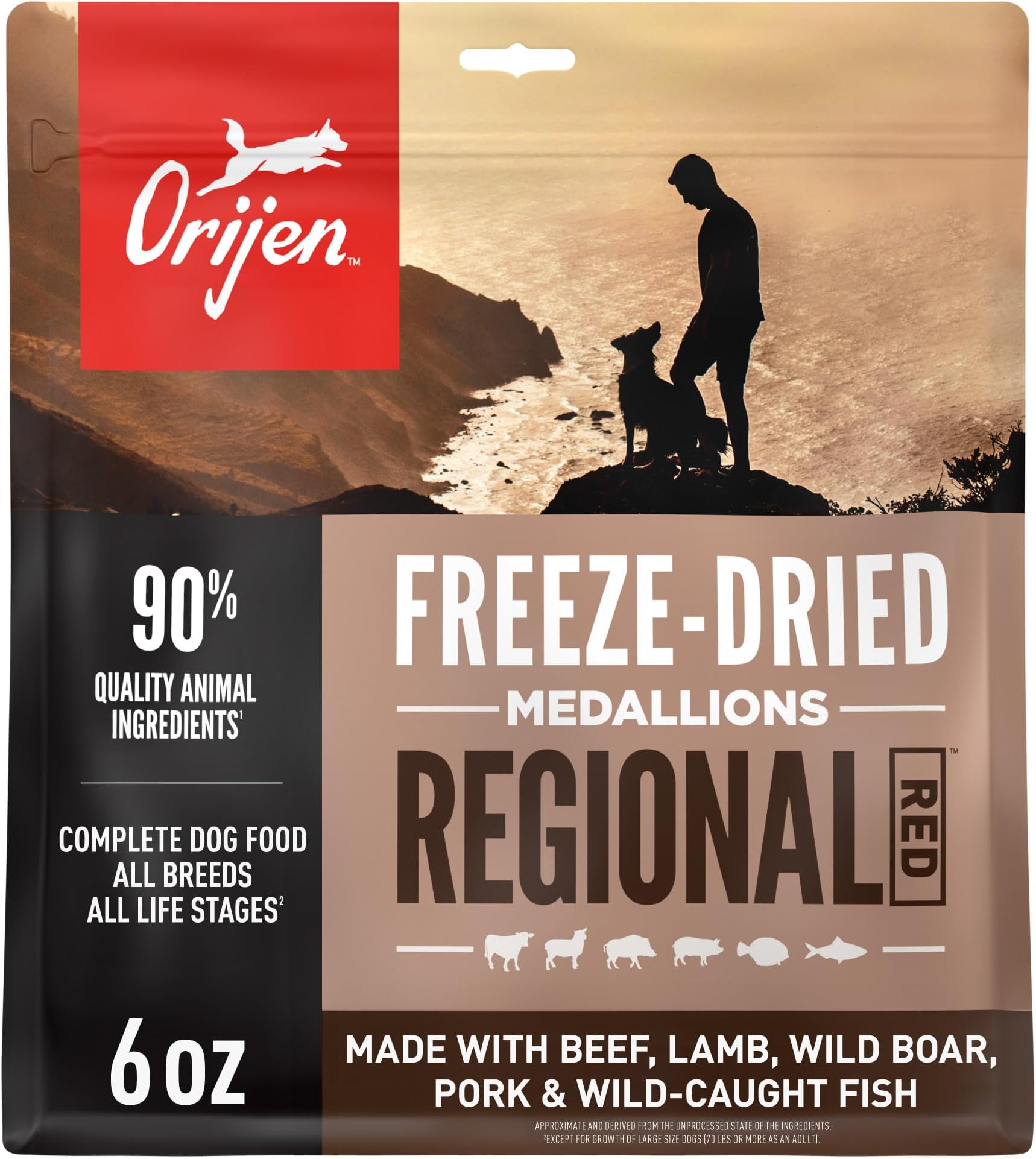 ORIJEN Grain Free High Protein Freeze Dried Dog Food & Topper Regional Red Recipe 6oz Bag