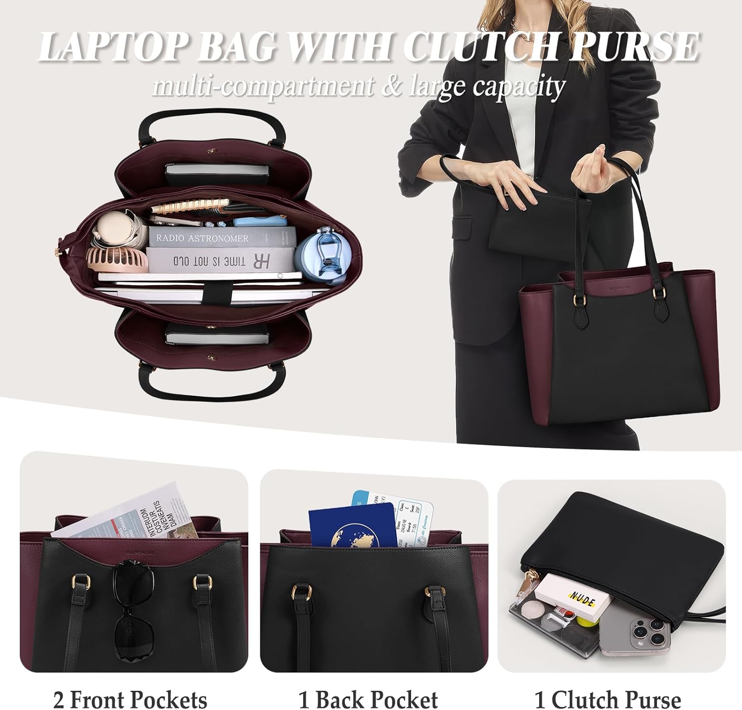 RAINSMORE Laptop Bag for Women 15.6 Inch Work Tote Bags Waterproof Computer Bags Leather Professional Laptop Purse Womens Laptop Briefcase Large Handbag for Office Teacher Travel, Black and Purple