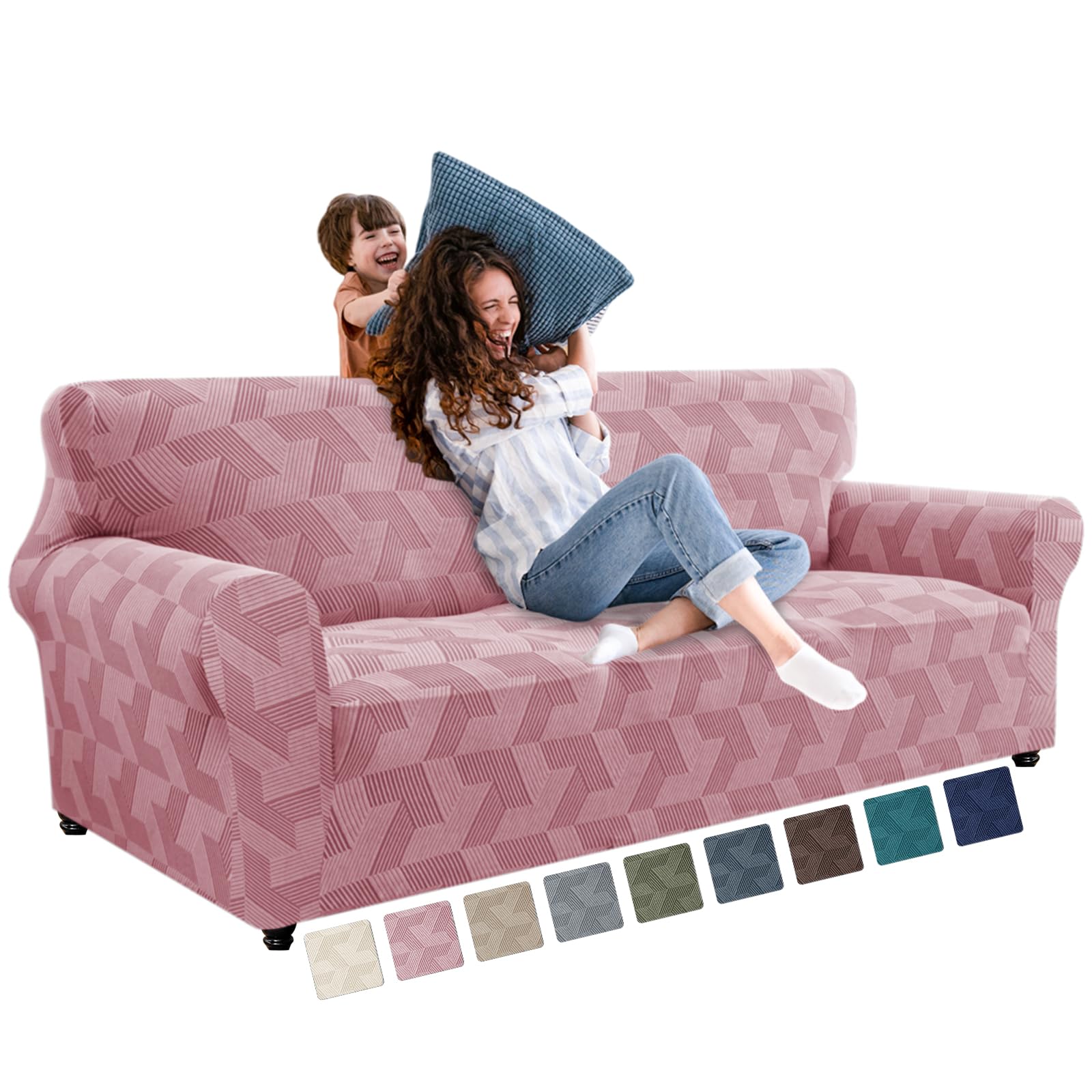 XINEAGE Stretch Sofa Covers 3 Seater, 1 Piece Sofa Slipcovers with Non Slip Design, Soft Couch Covers, Washable Furniture Protector for Dog/Pets Feature Geometrical Jacquard Fabric(Sofa,Pink)