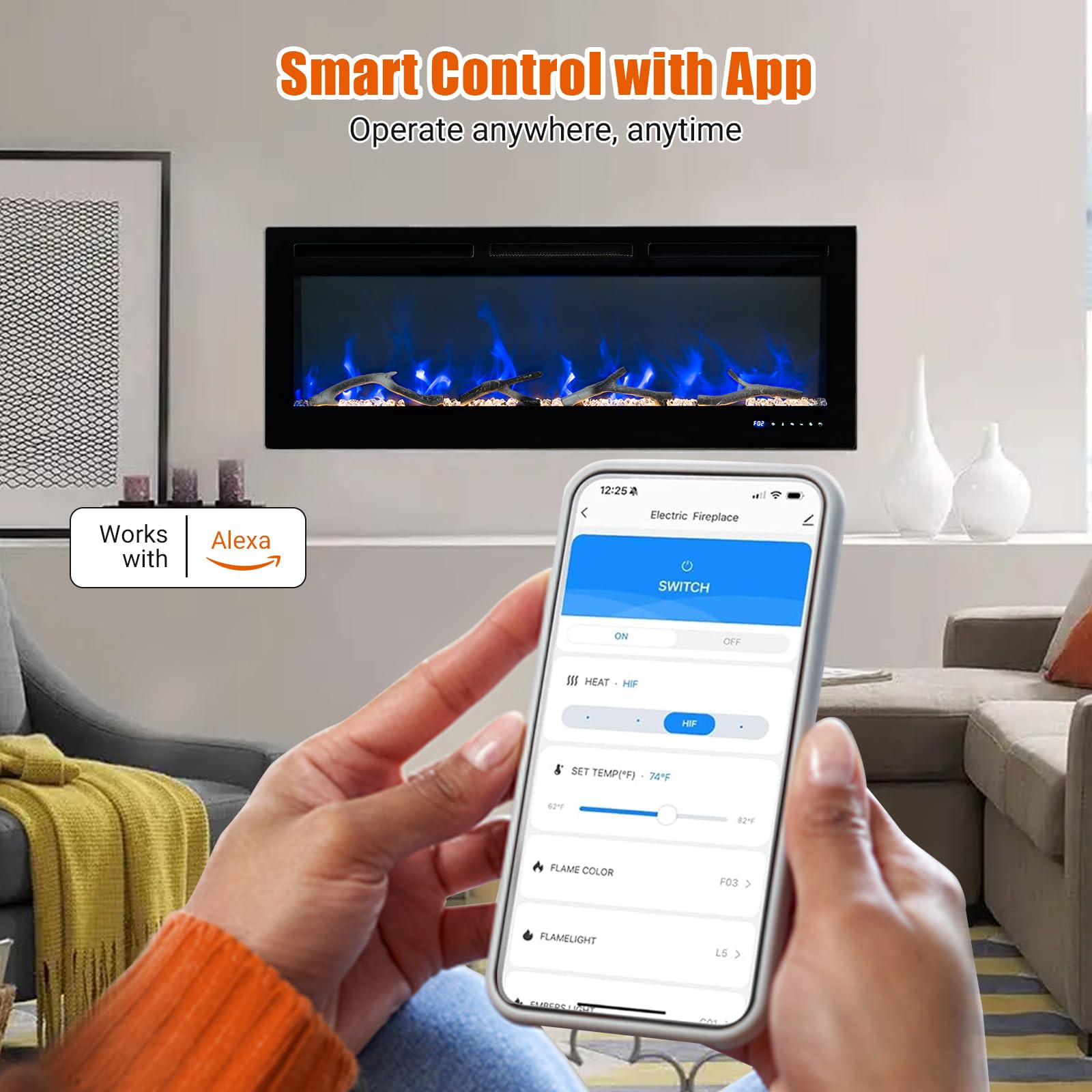 Chimenea eléctrica, chimenea eléctrica empotrada y montada en la pared de 50 pulgadas, control inteligente con WiFi y control remoto, brillo ajustable, colores de cama de carbono, pantalla táctil, 13 6