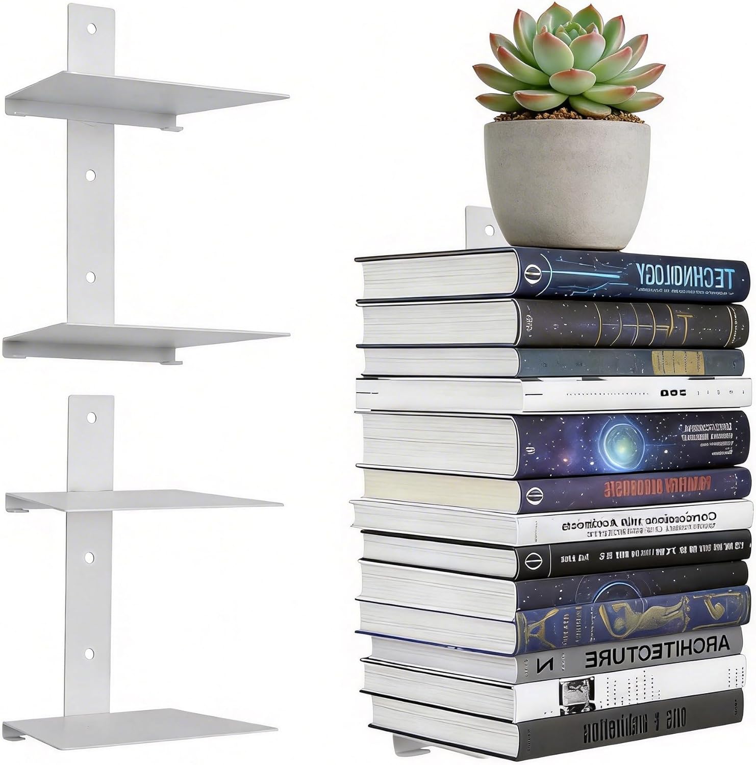 4 Tier Invisible Floating Bookshelves for Wall,Heavy Duty Floating Book Shelves, Metal Book Organizers Vertical Spine Book Tower for Home Office, 2 Pack(White)