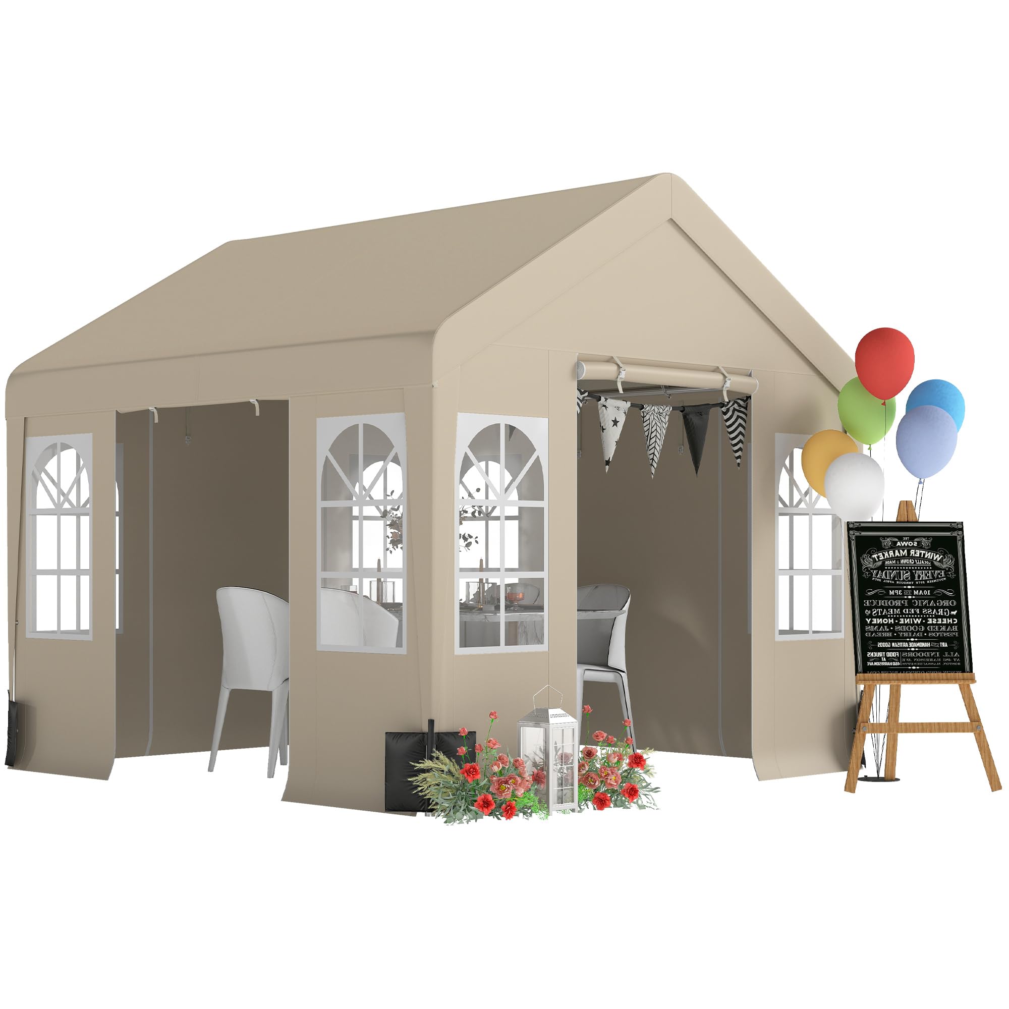 Outsunny 3 x 3 m Heavy Duty Garden Gazebo with Sides and 4 Weight Bags, Marquee Party Tent with Windows, All Weather Canopy for Camping, Festivals and Weddings, Beige