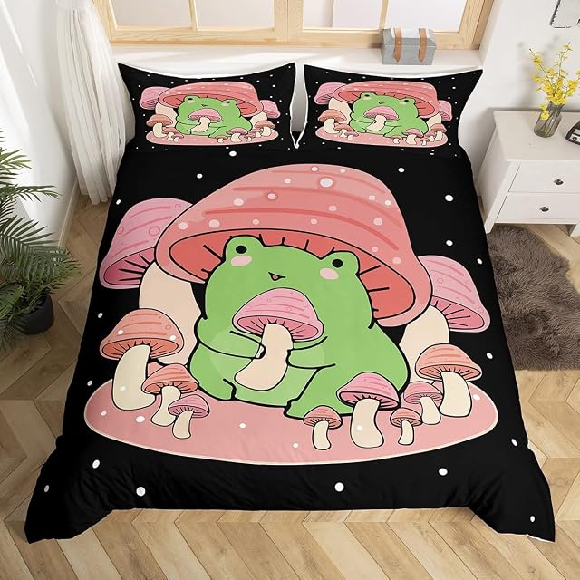 Cartoon Mushroom Frog Bedding Set Cute Frog Duvet Cover for Kids Boys Girls Natural Wild Fungus Comforter Cover Pink Mushroom Quilt Cover Single Size
