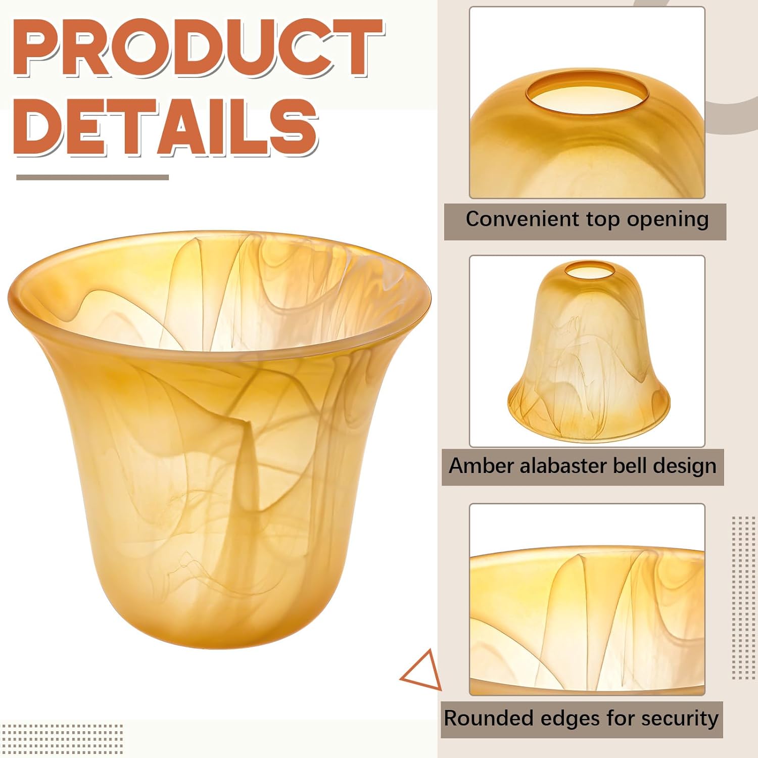 6 Pcs Bell Shaped Glass Lamp Shade E26 Replacement Globe Ceiling Fan Light Cover with 1-5/8'' Fitter Opening for Chandelier Wall Sconce Pendant Light Bathroom Vanity Fixture (Amber Marble)