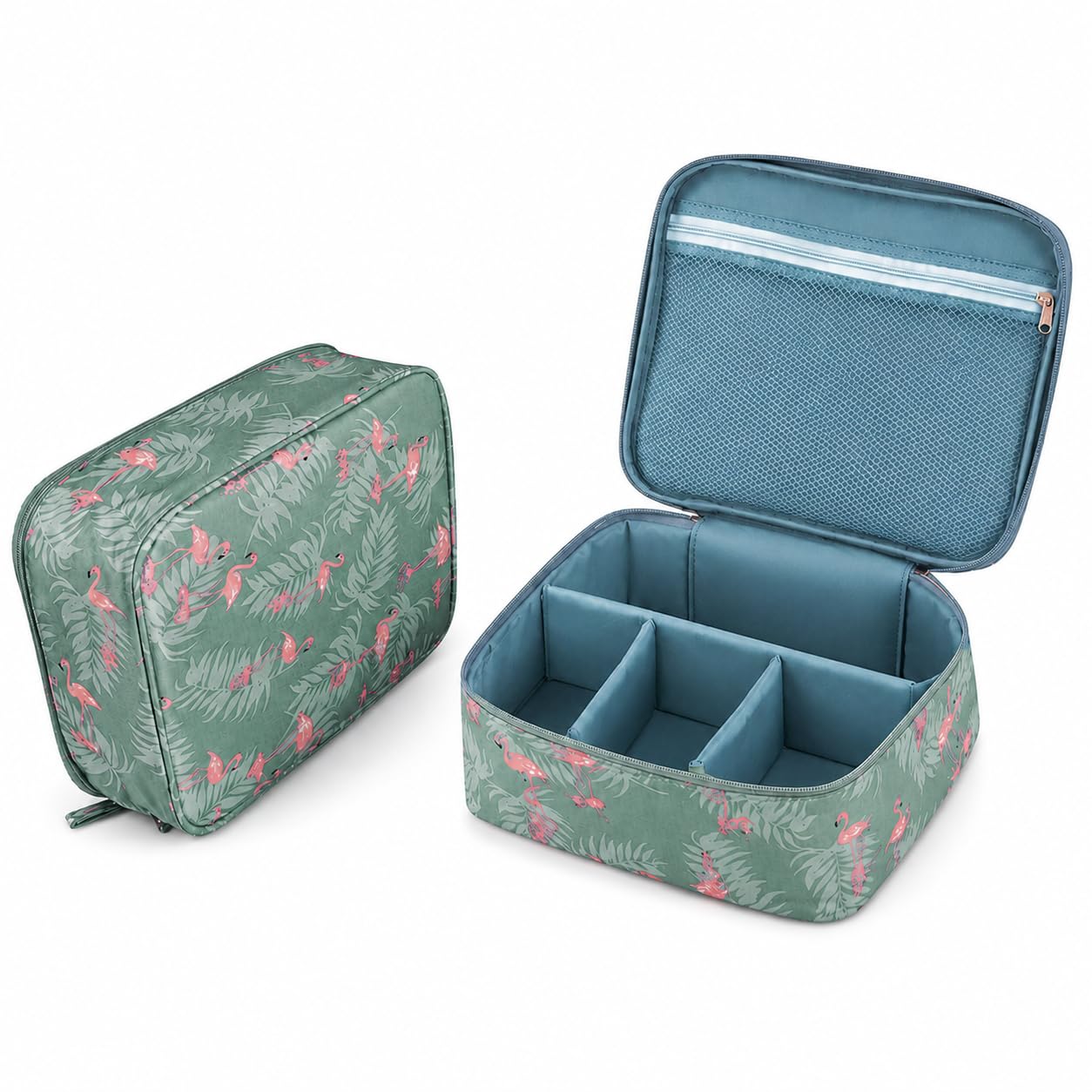 travel makeup organiser bag, nylon, flamingo design, with removable dividers, large cosmetic storage case for women