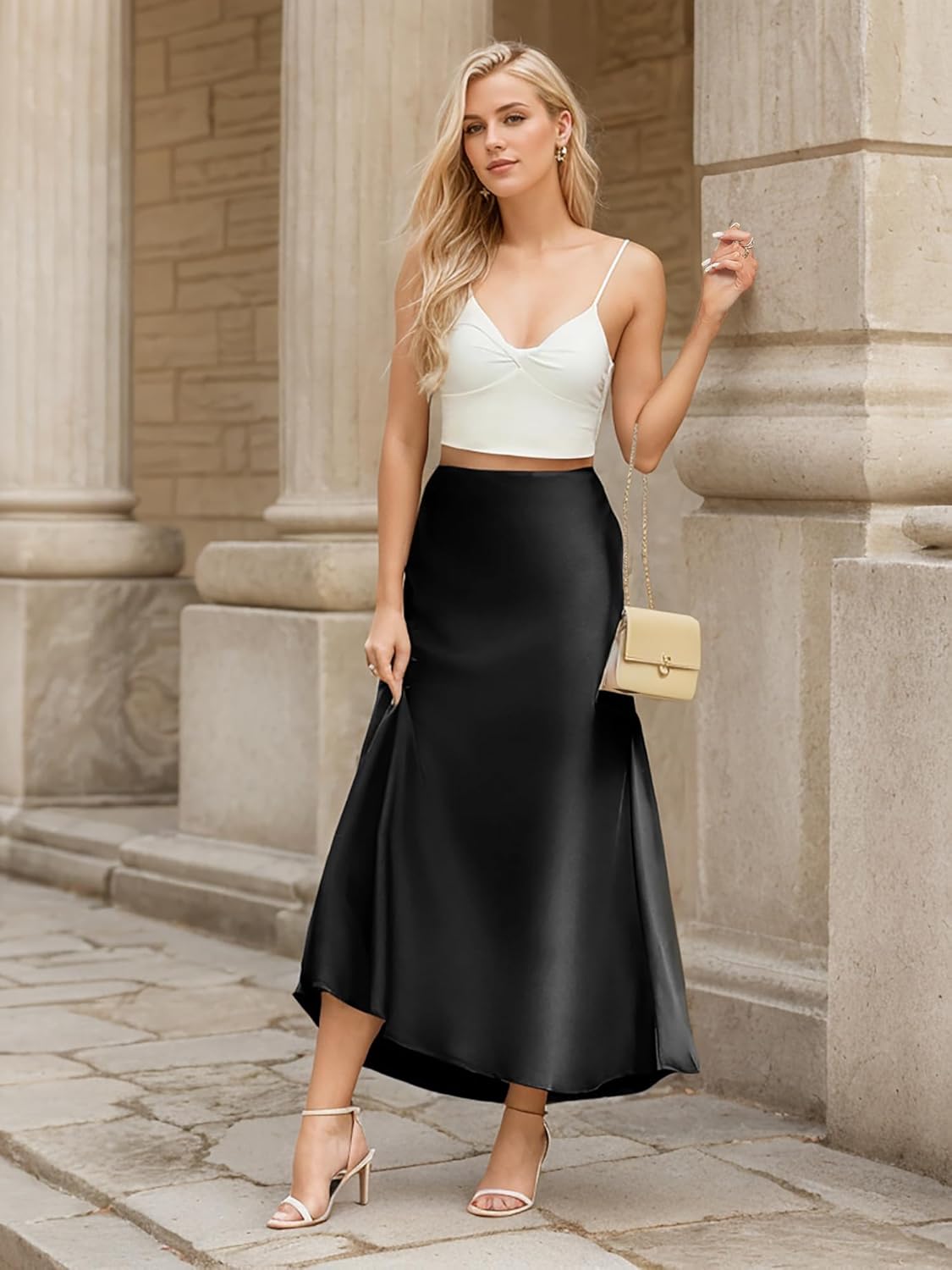 GOLDSTITCH Women's Satin High Waist Skirts Elegant Flared Casual A Line Maxi Skirt - Image 4