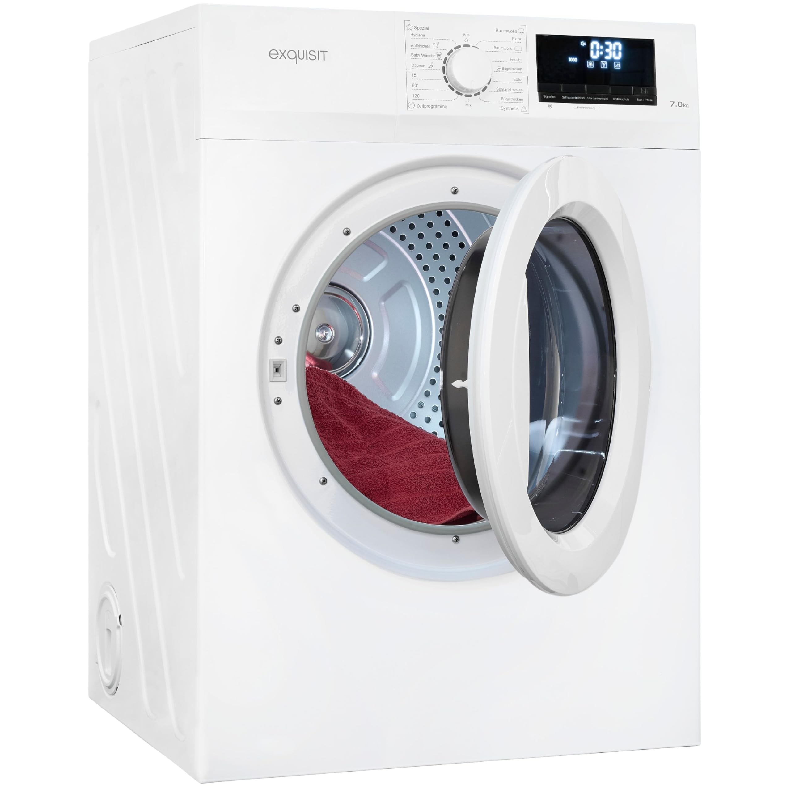 Exquisit Wäschetrockner 7kg, Trockner, Startzeitvorwahl, Knitterschutz, Ablufttrockner, 15 Programme, Kindersicherung, Energieklasse G, TAE70-70 weiss
