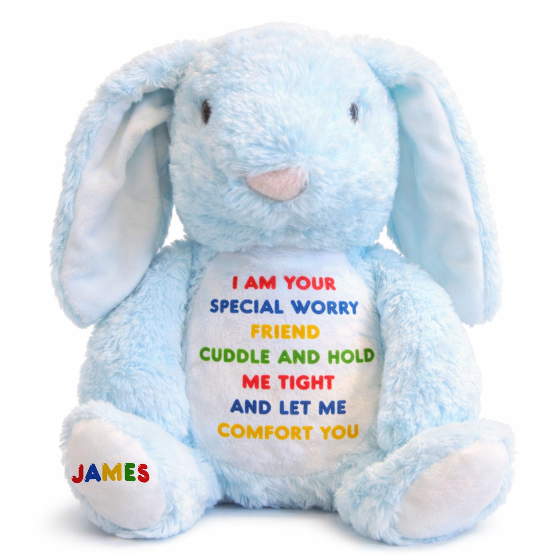 Silly Dog Designs - Personalised Worry Friend Bunny Plush Toy - Custom Name Soft Comfort Bunny-Anxiety & Emotional Support Teddy for Children-Cute Comfort Bunny Keepsake Gift Blue Personalised (Worry) — image 1