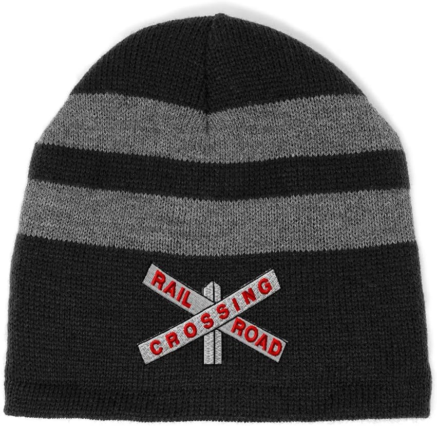 Speedy Pros Striped Beanie for Men & Women Railroad Crossing Embroidery Acrylic Fleece Skull Cap Hats Black 1 Size