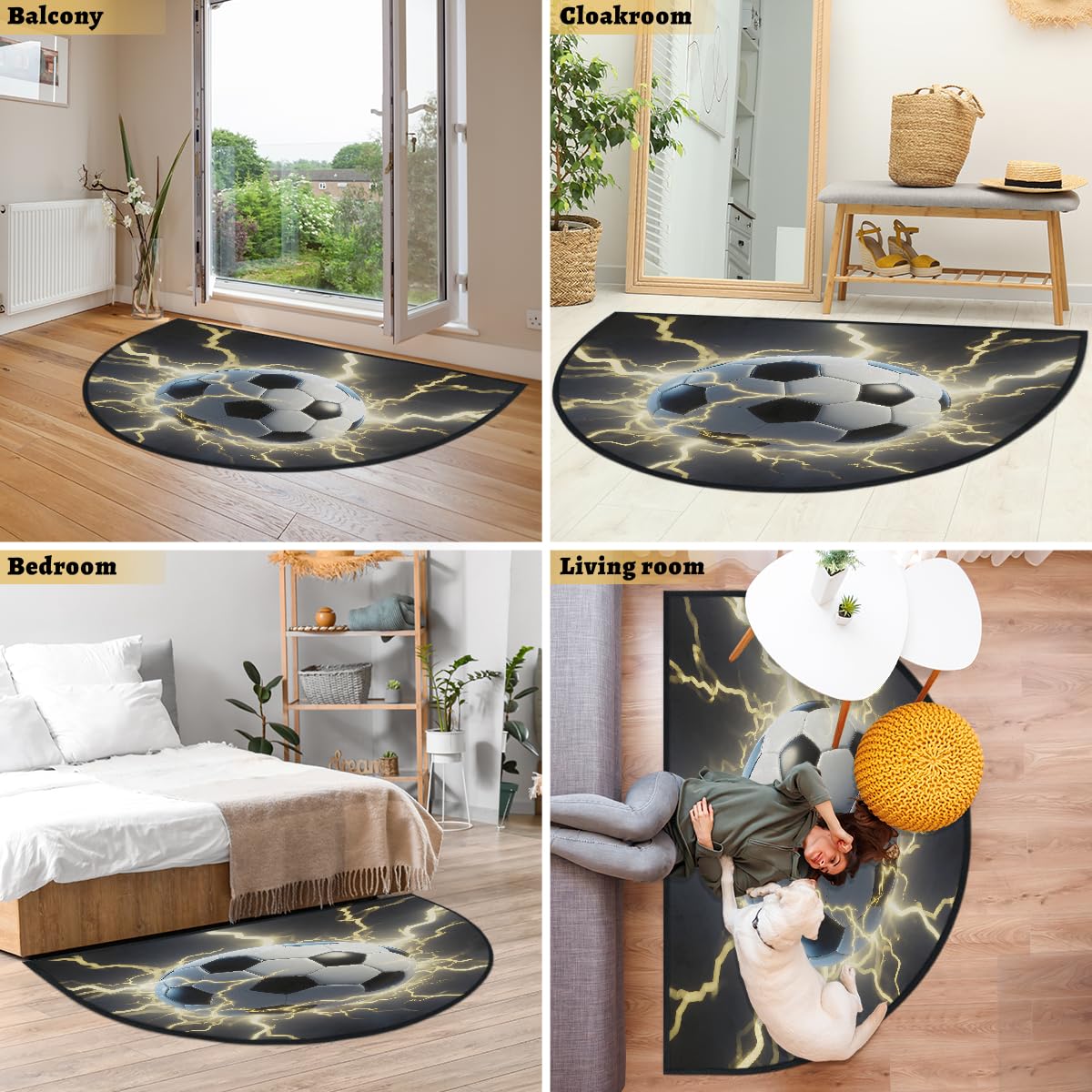 Große halbrunde Fußmatte – Soccer Lightning rutschfest, saugfähig, halbrund, Eingangsbereich, niedlich, weich, halbrund, waschbar, Teppich für Küche, Badezimmer, Schlafzimmer, 160 x 100 cm