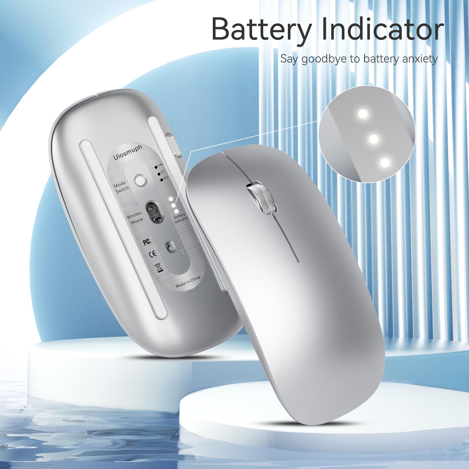 Uiosmuph Bluetooth Maus, Kabellose Maus mit USB-Nano-Empfänger, Tri-Mode (Dual Bluetooth 5.1 + 2.4GHz) Leise Funkmaus Wiederaufladbare für Laptop, PC, iPad, Mac Silber