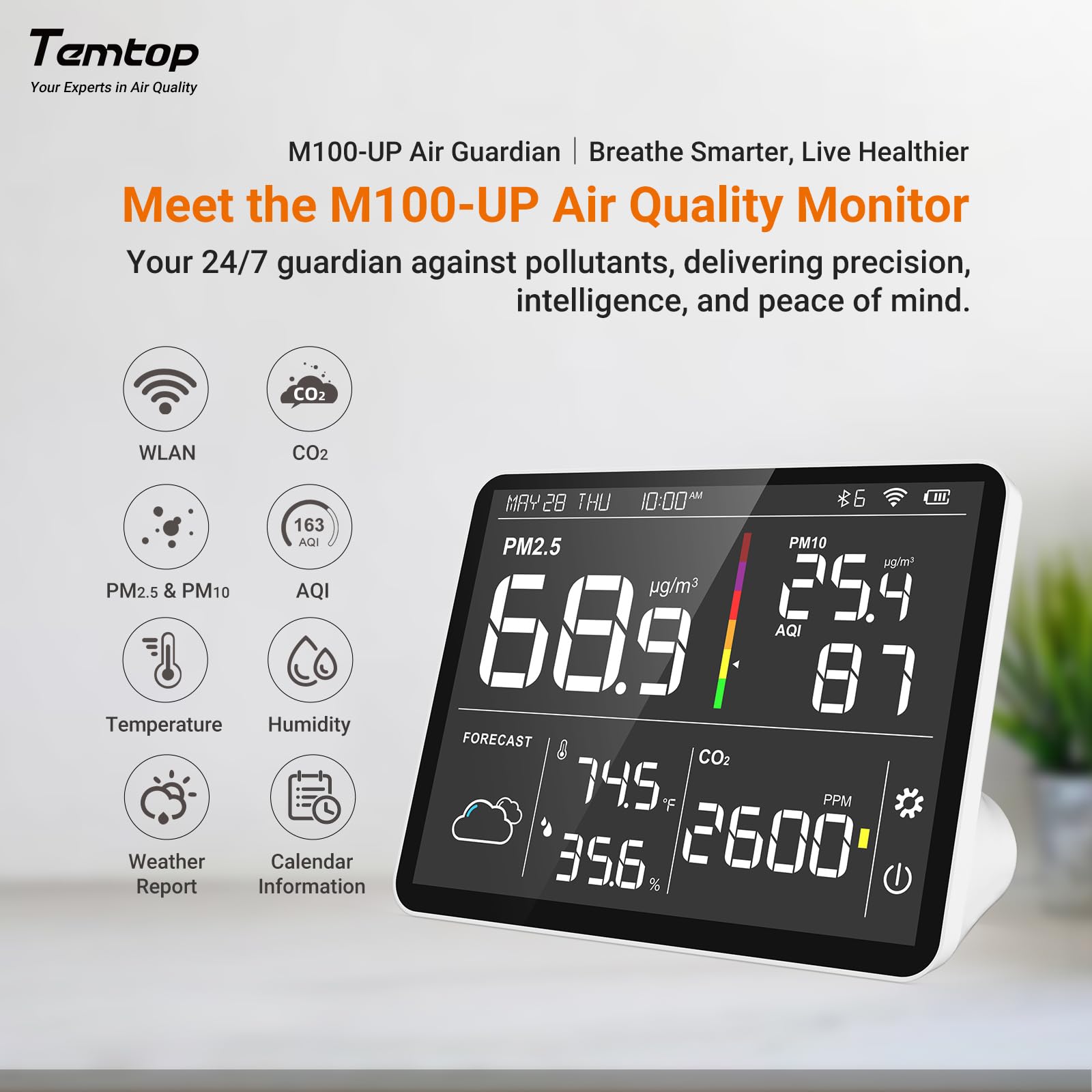 Temtop M100-UP Stacja pomiarowa jakości powietrza, 2.4G WLAN Bluetooth termometr z aplikacją, 8-w-1 urządzenie do pomiaru jakości powietrza (PM2.5/CO2/Temperatura/Wilgotność)