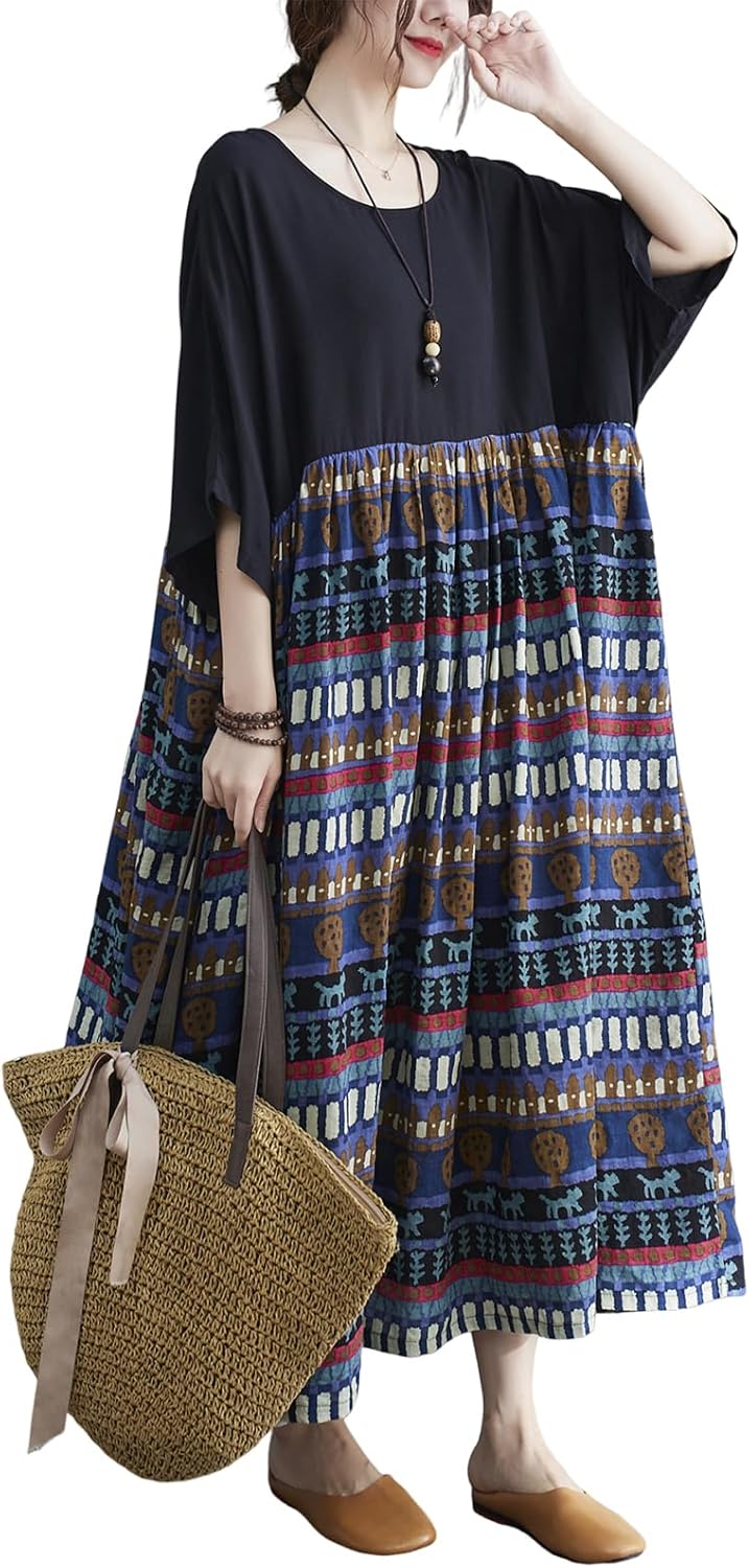 Oversized Dress for Women Loose Fit Plus Size Baggy Dresses Patchwork Cute Artsy Printed O Neck with Pockets Black