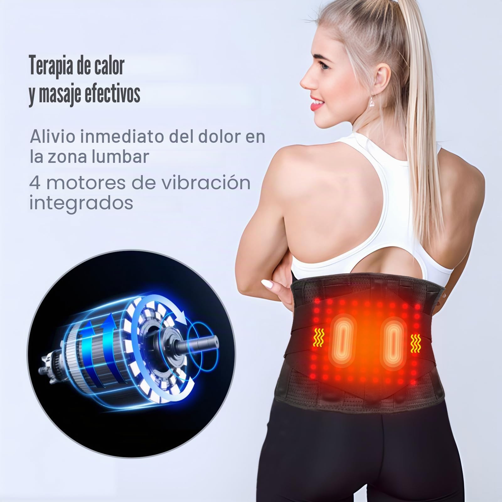 Masajeador Lumbar con Calefacción - Cinturón Ortopédico Calentable para Aliviar el Dolor de Espalda. 3 Modos Vibratorios, 6 Niveles de Calefacción, Batería Recargable de 5000 mAh, Inalámbrico