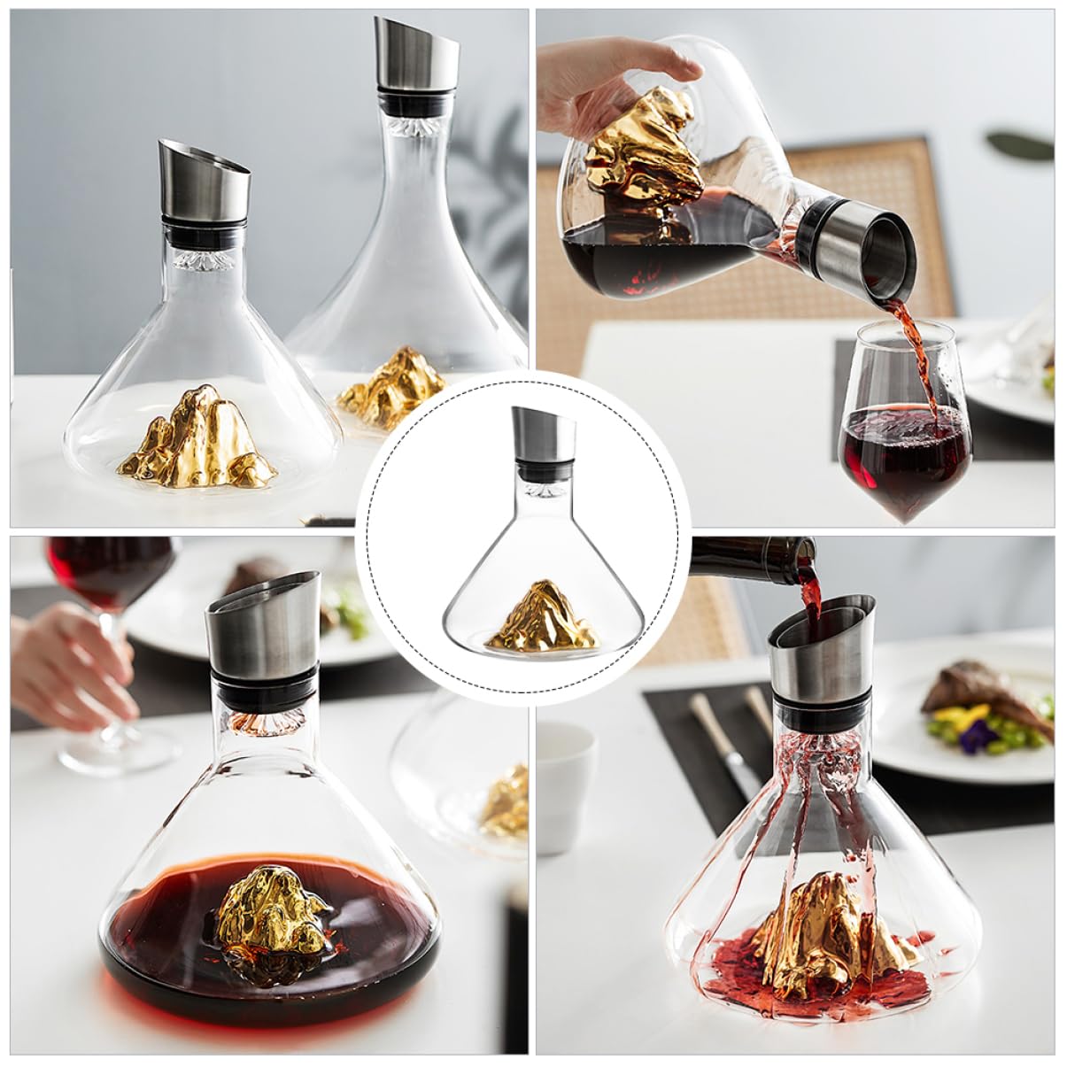 Garneck Decanter e Funzione di Decantazione in Cristallo da 1500ml Bocca Inclinata Dorata, Design Elegante per Vino per Decorazione Casa