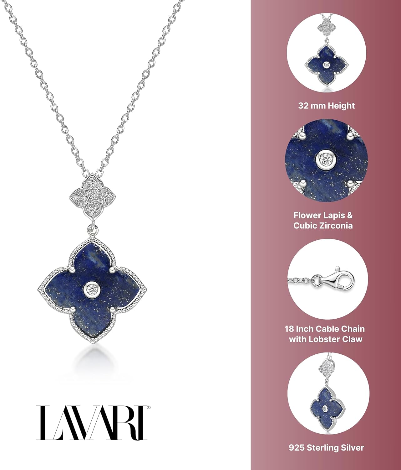 Lavari Jewelers Black Onyx or Mother of Pearl and Cubic Zirconia Double Flower Pendant Necklace in 925 Sterling Silver with Gold Plating 16 to 18 Inches Adjustable Chain Spring Ring - Image 4