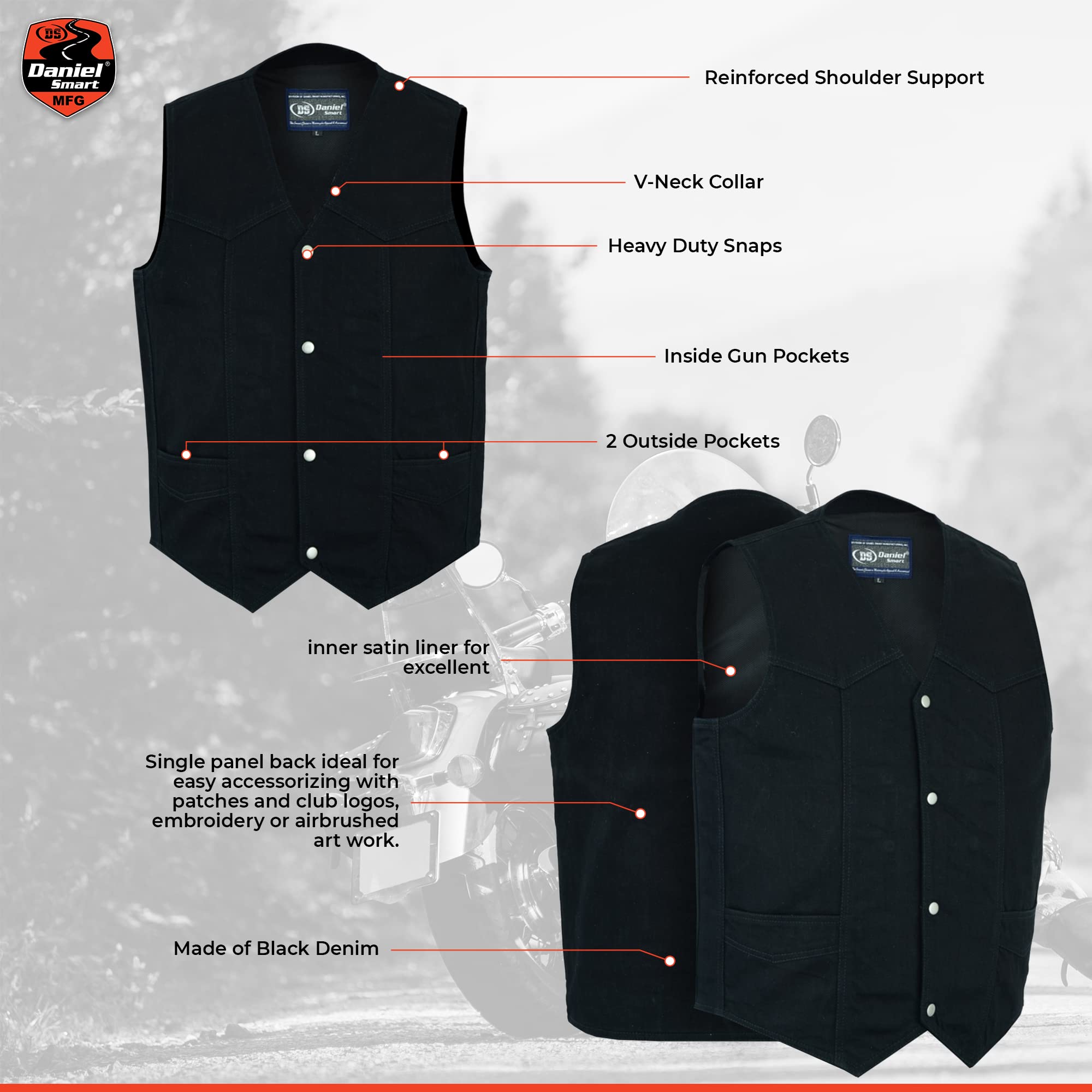 Daniel Smart Biker Vest for Men V-Shaped Neck Design Black Denim Vest with plain Side and Inside Carry — view 4