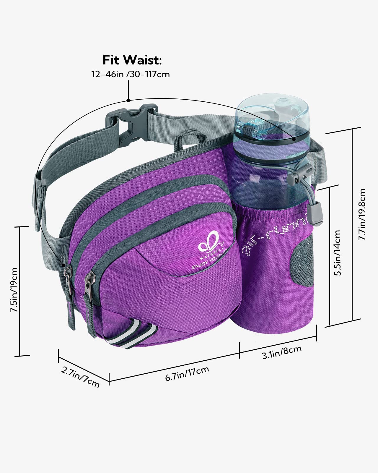 WATERFLY Sac banane de randonnée avec support pour bouteille d'eau pour homme et femme - Peut contenir un iPhone 8 Plus - Taille d'écran 16,5 cm (Violet)