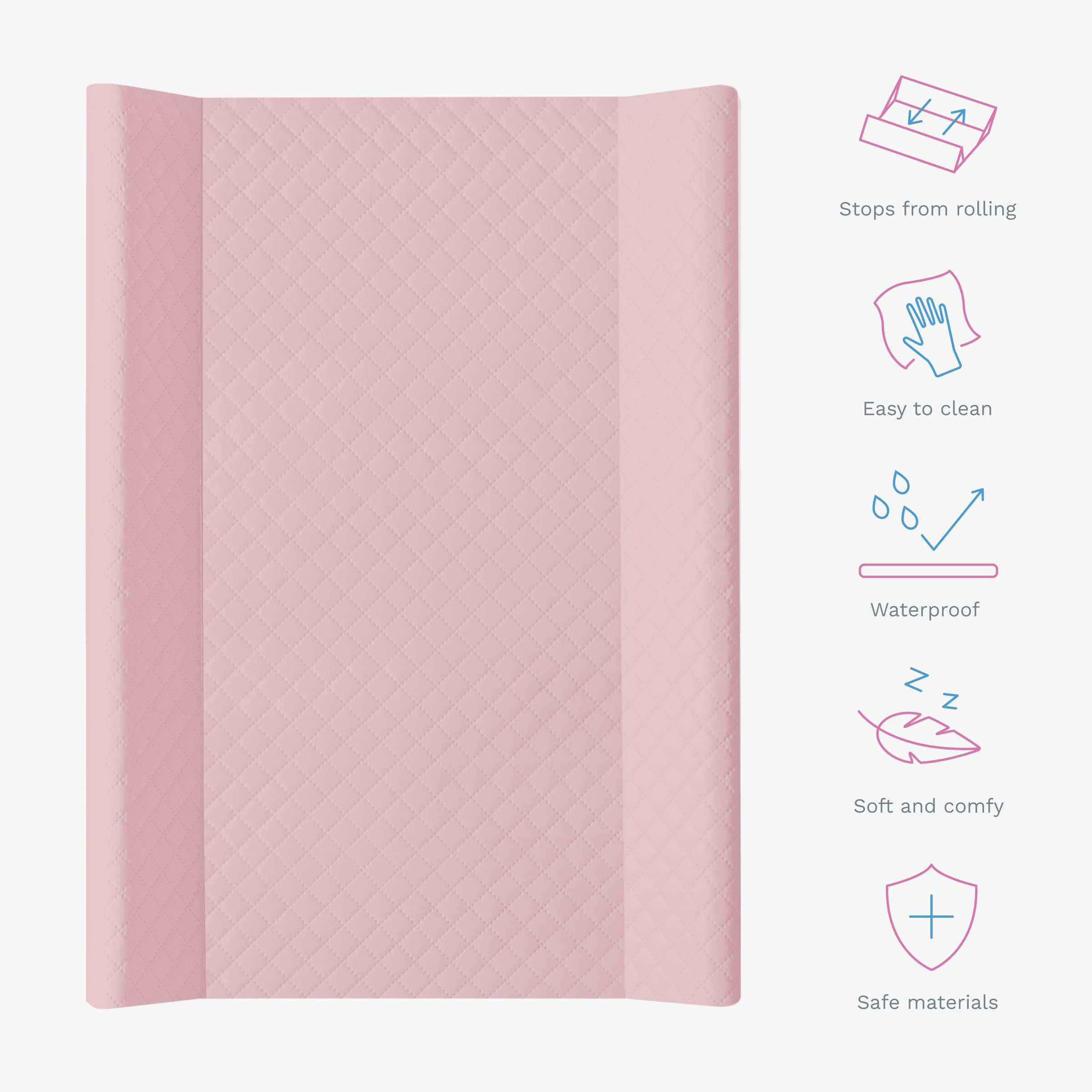 Baby Hard Base Changing Mat/Top Changer 70x50 cm fits 120x60 cm Cot Unisex Wedge Anti Roll Nappy Newborn Baby Waterproof Changing Mat with Raised Edges (Caro Pink) - 3