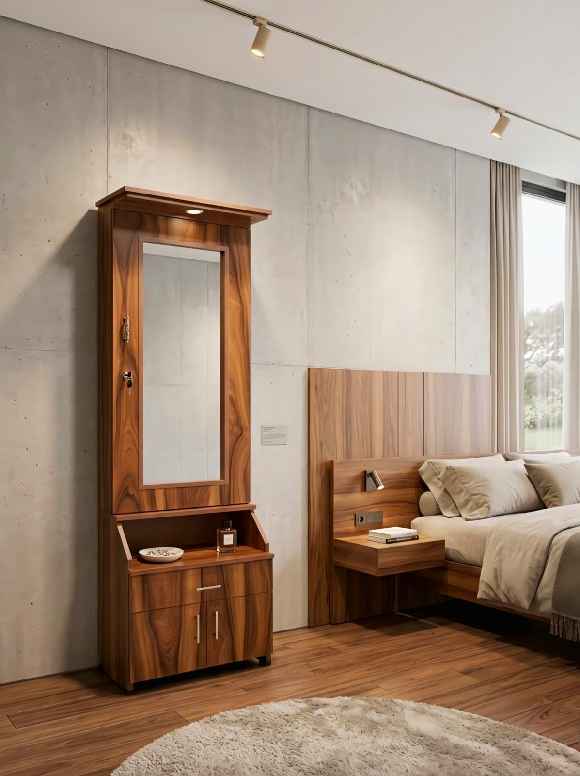 Star Enterprises Wooden Dressing Table with Full-Length Mirror, LED Light, Storage Cabinet, Walnut Finish, 72x24x12 in-image-25