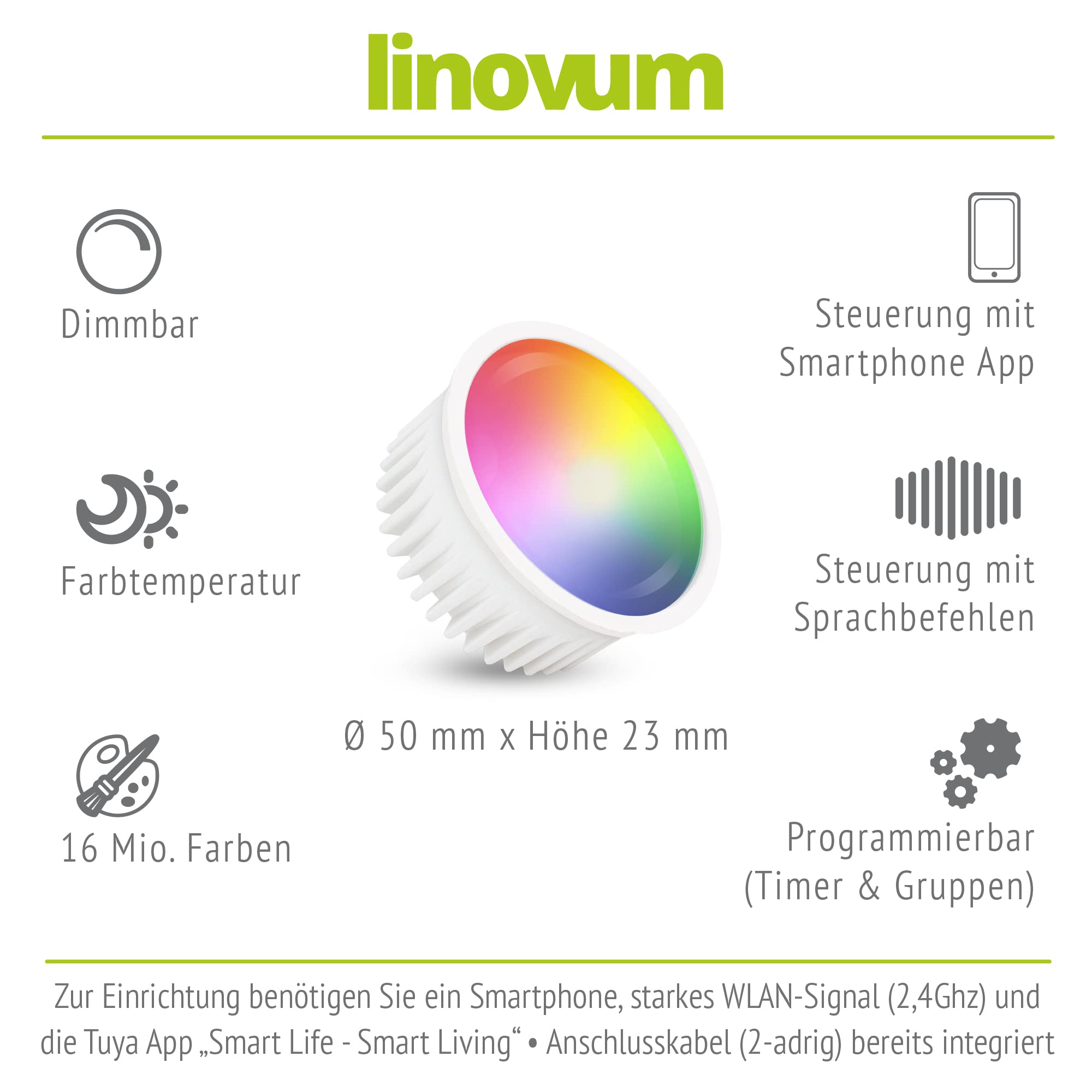 linovum Smart LED Modul 10er Set flach 4W RGBW WLAN dimmbar Alexa Google | Zehn smarte LED-Module mit RGB & Weißtönen - per App & Sprache steuerbar, warmweiß bis kaltweiß, GU10-Ersatz, ohne Hub