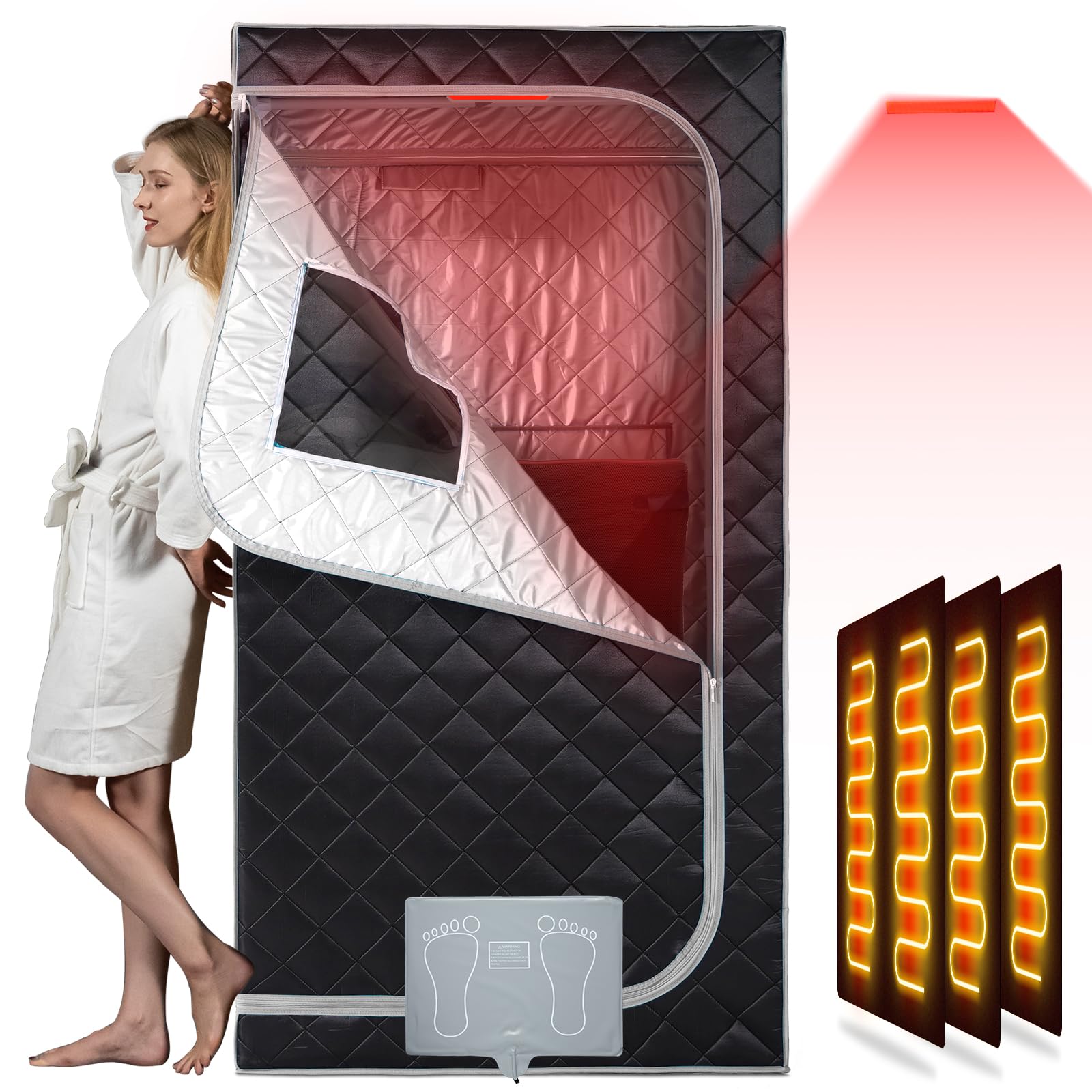 Condition photo showing New/Like New for smartmak portable infrared sauna box with 660nm red light therapy lamp for home, personal indoor full body dry sauna spa tent, relax saunas with 6 heaters, heated foot pad, remote, chair, greyborder
