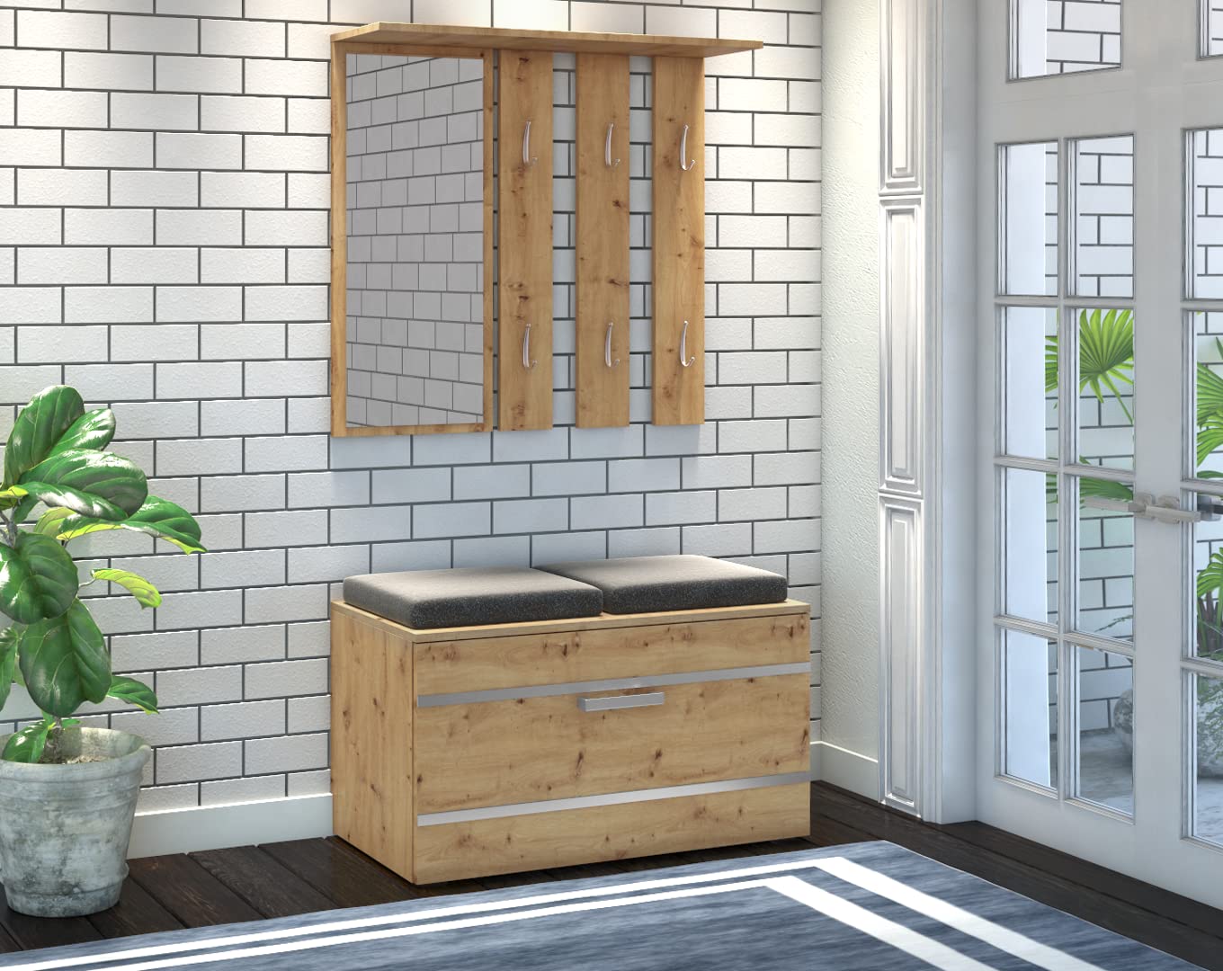 ADGO Ensemble de Meubles de Couloir 3 en 1, armoires, miroirs et cintres et Armoire à Chaussures, Garde-Robe compacte pour Votre entrée - chêne Artisanal - Livraison en 2 Paquets