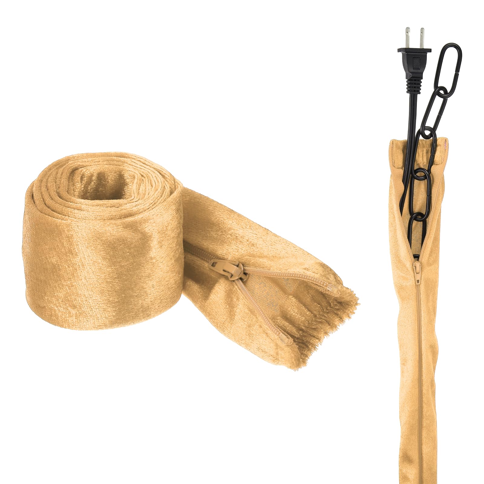 sourcing map 12m Chandelier Fabric Chain Cover, 1Pcs Velvet Fabric Cord Cover with Zipper, Decorative Cloth Swing Chain Sleeve for Candle Chandelier Crystal Light Cable Wire, Gold