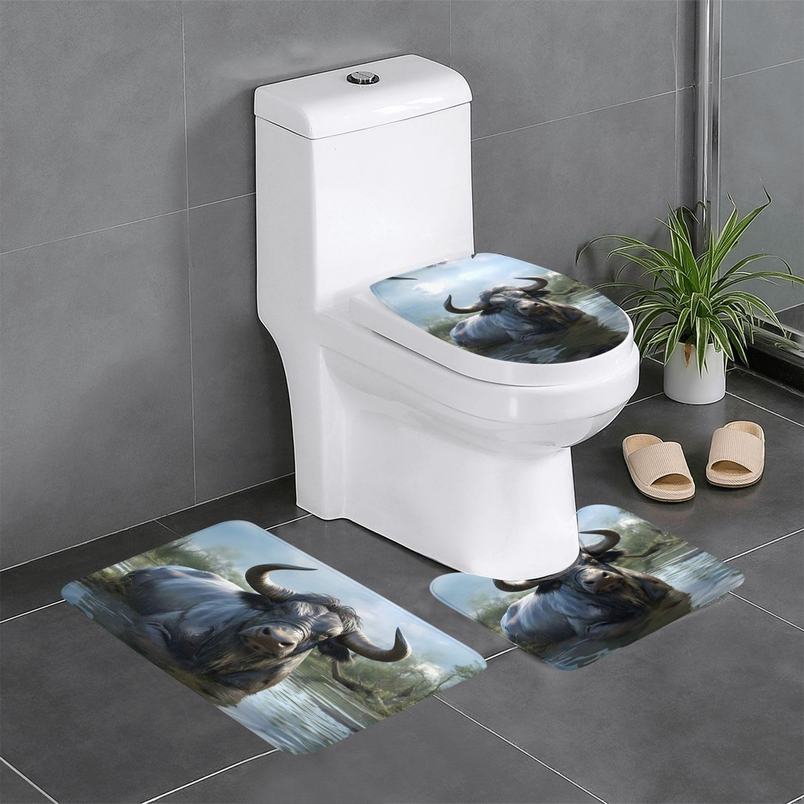 Tapis de contour et rectangulaire motif buffle aquatique pour éviter les glissades aux toilettes