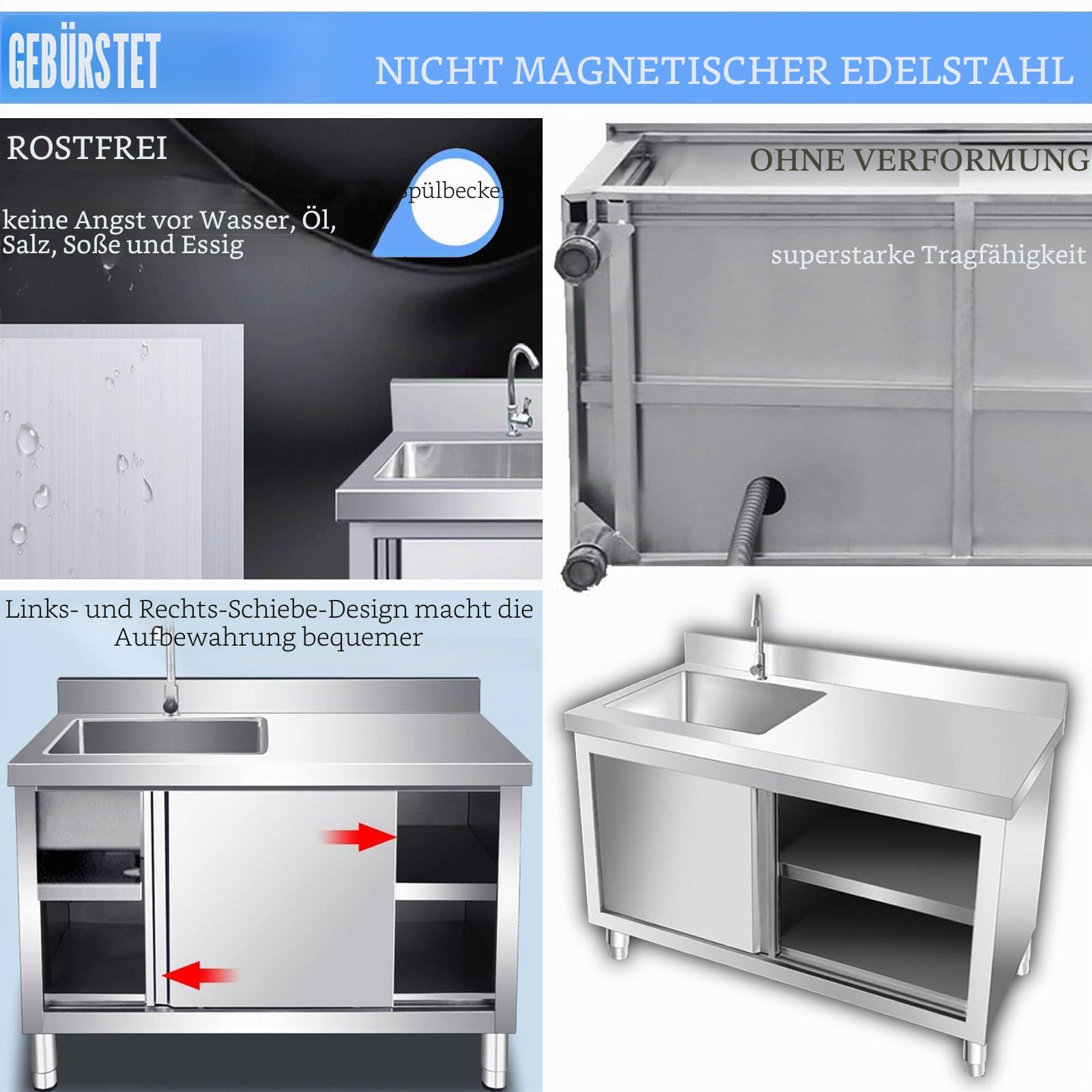 Edelstahl Spültisch Spülenschrank, Mit Spüle Und Armatur, Outdoor Spüle, Freistehende Mobile Schranktür, Mit Unterschrank, Spülbecken Ausgussbecken Küchenspüle, Für Außen Werkstatt Küche(120x50cm)