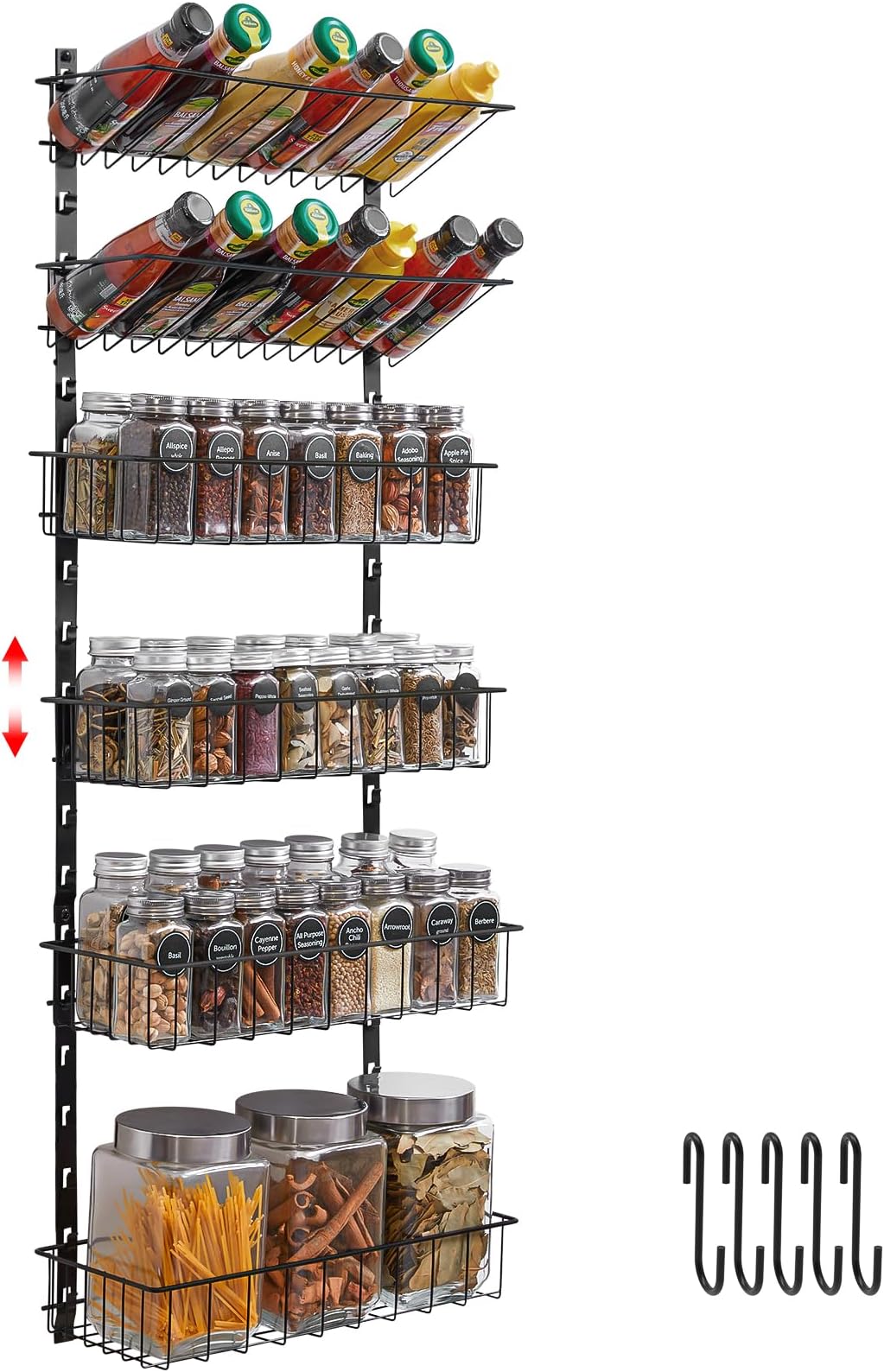 X-cosrack Spice Rack Wall Mount 6-Tier with Hooks, Space-Saving Spice Organizer for Spice Jars and Seasonings, Height-Adjustable Hanging Spice Shelf Storage for Kitchen Pantry Cabinet Door, Black