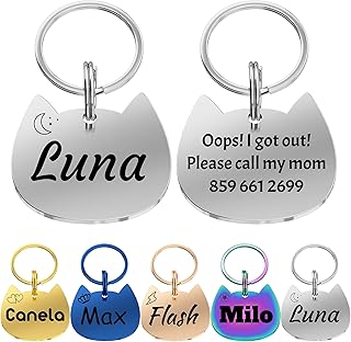 Cat Tags Personalized Small, Cat Collar with Cat Name Tag, Personalized Cat Head Shape Pet ID Tag, Stainless Steel Cat Tag Plating Gold, Rose Gold, Rainbow Color.