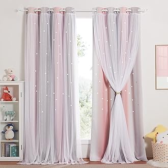 NICETOWN Kids Blackout Curtains Voile - Eyelet Top Thermal Insulated Curtains Light Blocking Filter Window Star Curtain for Kids Girls Nursery Bedroom, Grey Pink, 2 Panels, W52 x L84 Inch (132x213 cm)