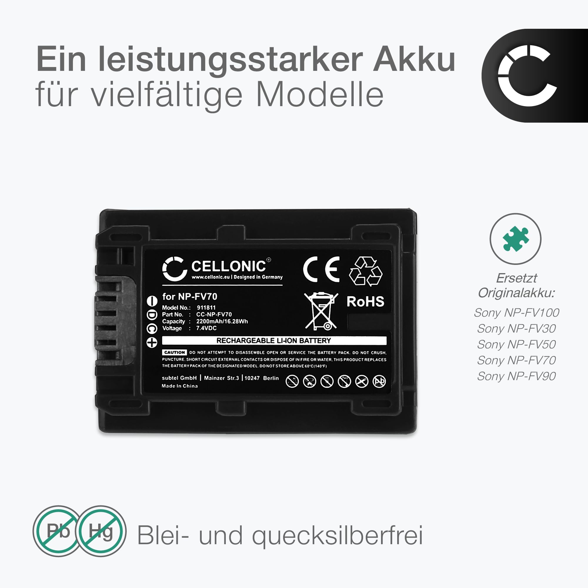 CELLONIC 1x Akku für Kamera Kompatibel mit Sony FDR-AX33, HDR-CX250, HDR-CX270, NP-FV70 - (2200mAh, 7.4V)