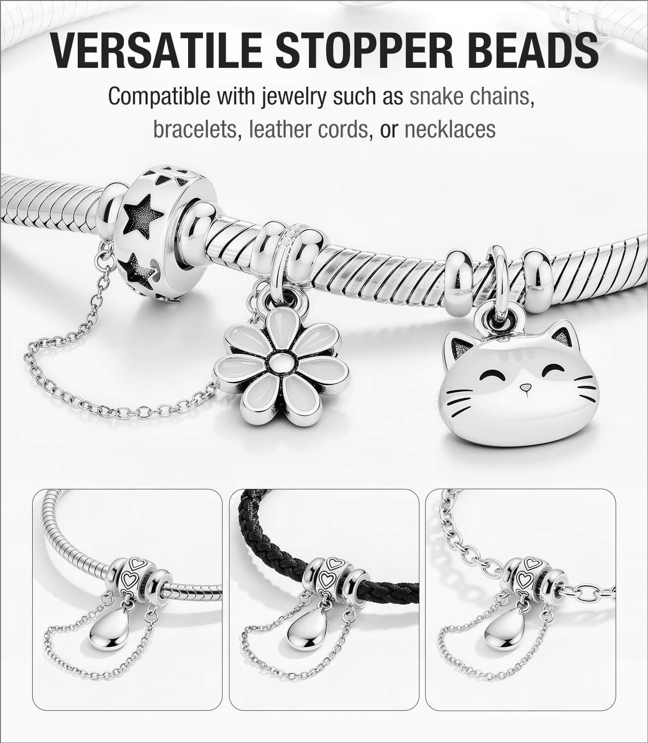 LOVANS Sicherheitskette Charms Stopper für Armband, 925 Sterling Silber Hypoallergen Charm Anhänger Clip Verschluss mit Silikon, Rutschfester Trenner für Damen Armbänder (Gold/Silber/Roségold)